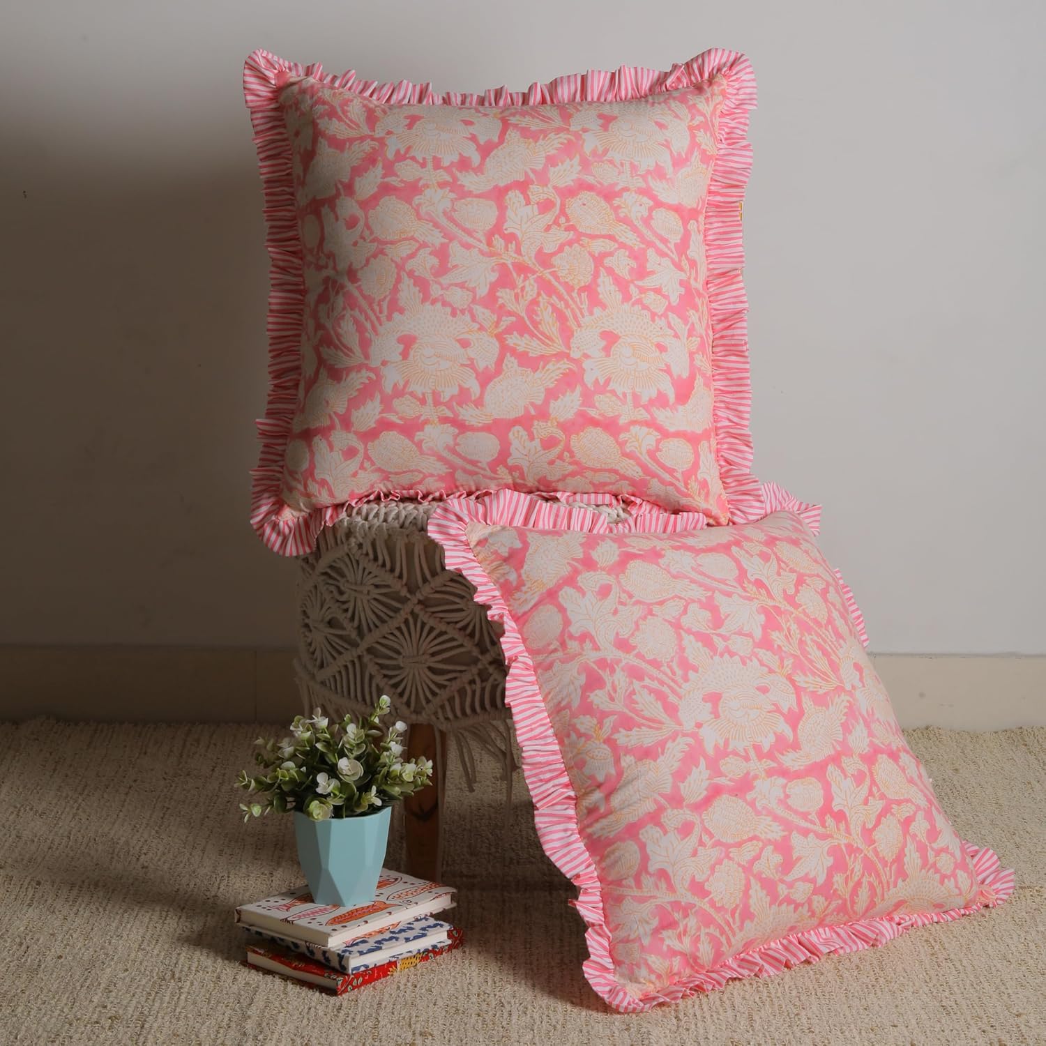 Trade Star Ruffle Cushion Cover Handmade Reversible Farmhouse PiIlow Cover Set of 2 Throw Pillow Cover Modern Soft Cotton Hand Block Print Premium Quality Decorative 20x20 Case