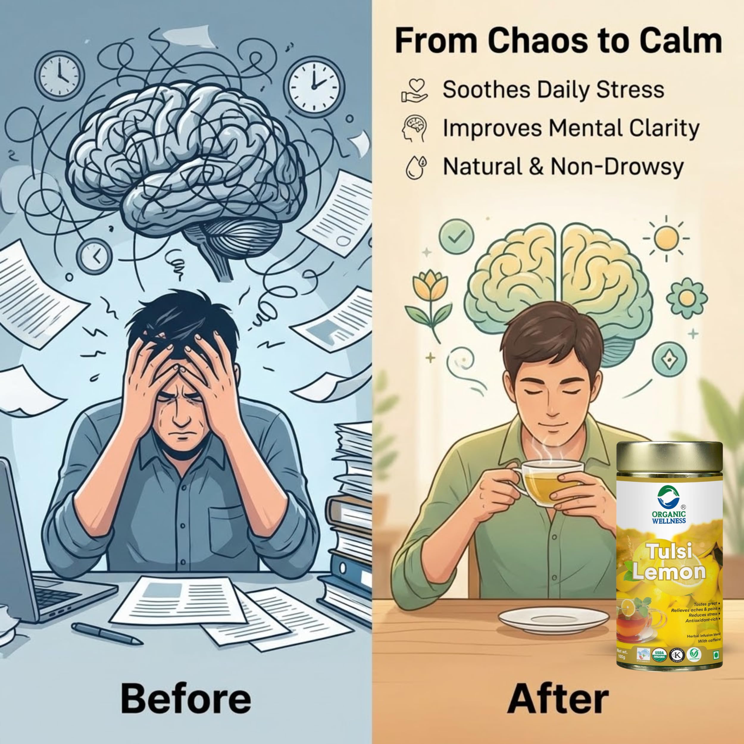 Organic Wellness Tulsi Lemon Herbal Tea 100 Gram Tin | Natural Blend with Tulsi Ginger and Lemongrass | Boosts Immunity Enhances Stamina Supports Weight Management Reduces Stress Refreshing Healthy product image 5