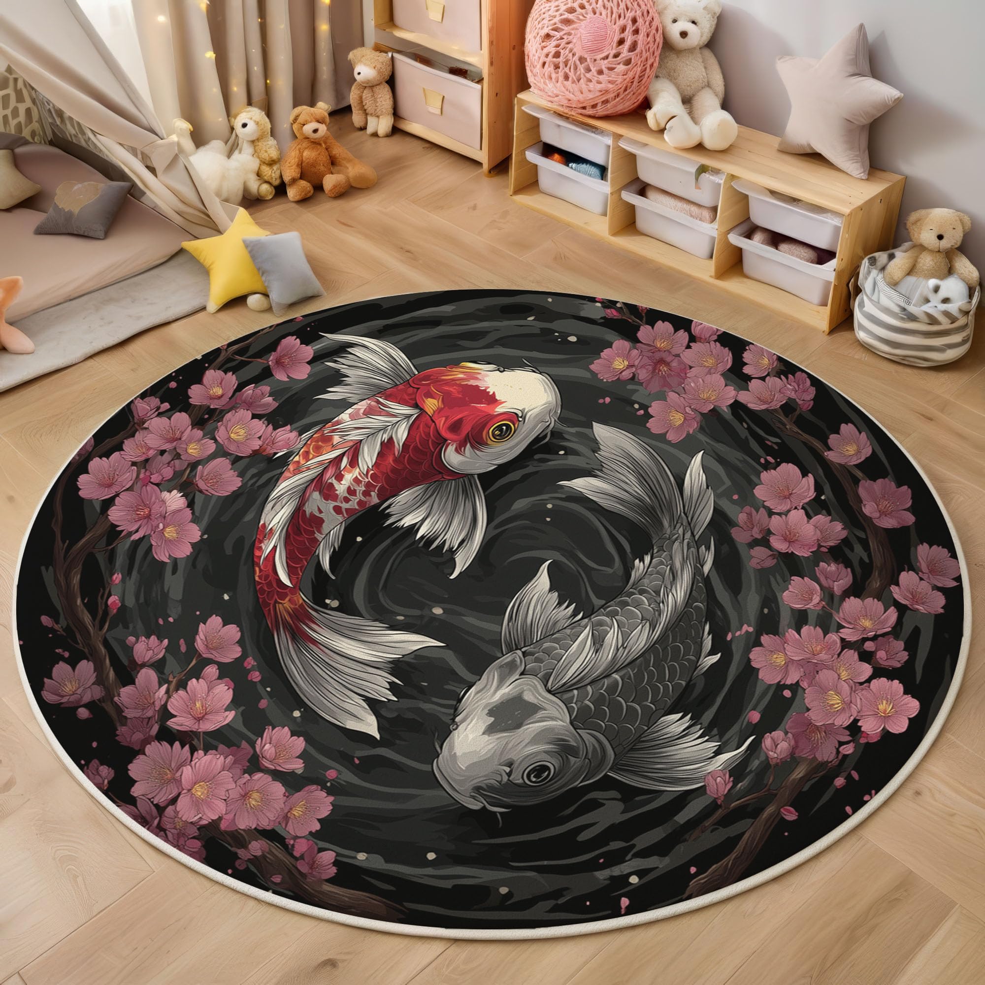 Tapis rond antidérapant motif koi pour chambre et salon chic