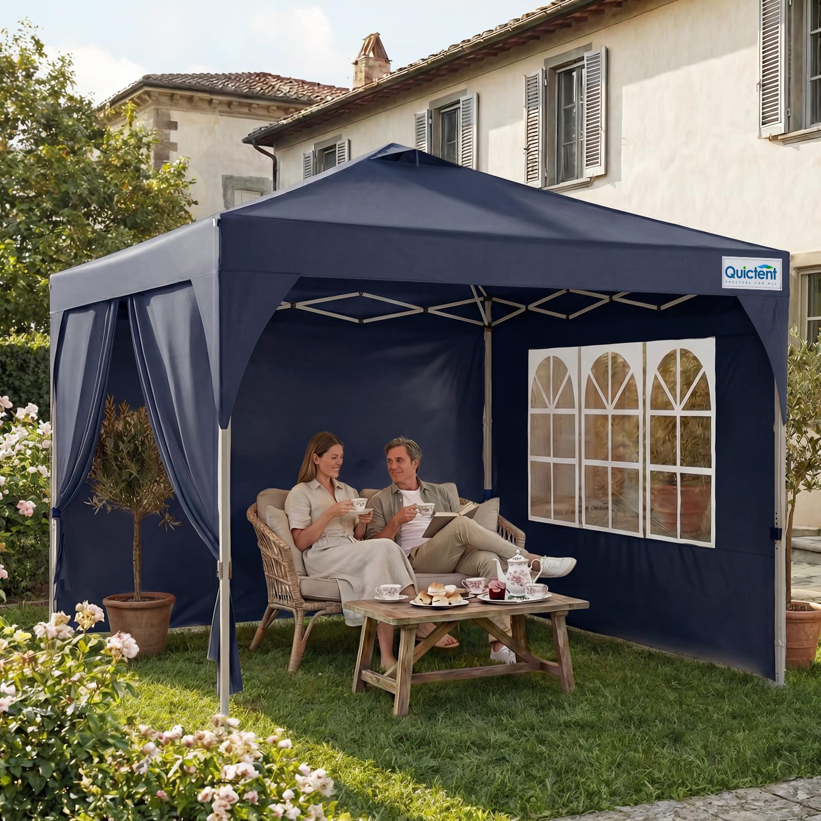 Quictent Carpa Plegable 3x3m con 3 Paredes Laterales Extraíbles, Tienda de Toldo con Cerradura Central, Refugio Portátil para Fiestas de Jardín y Camping, Azul Oscuro