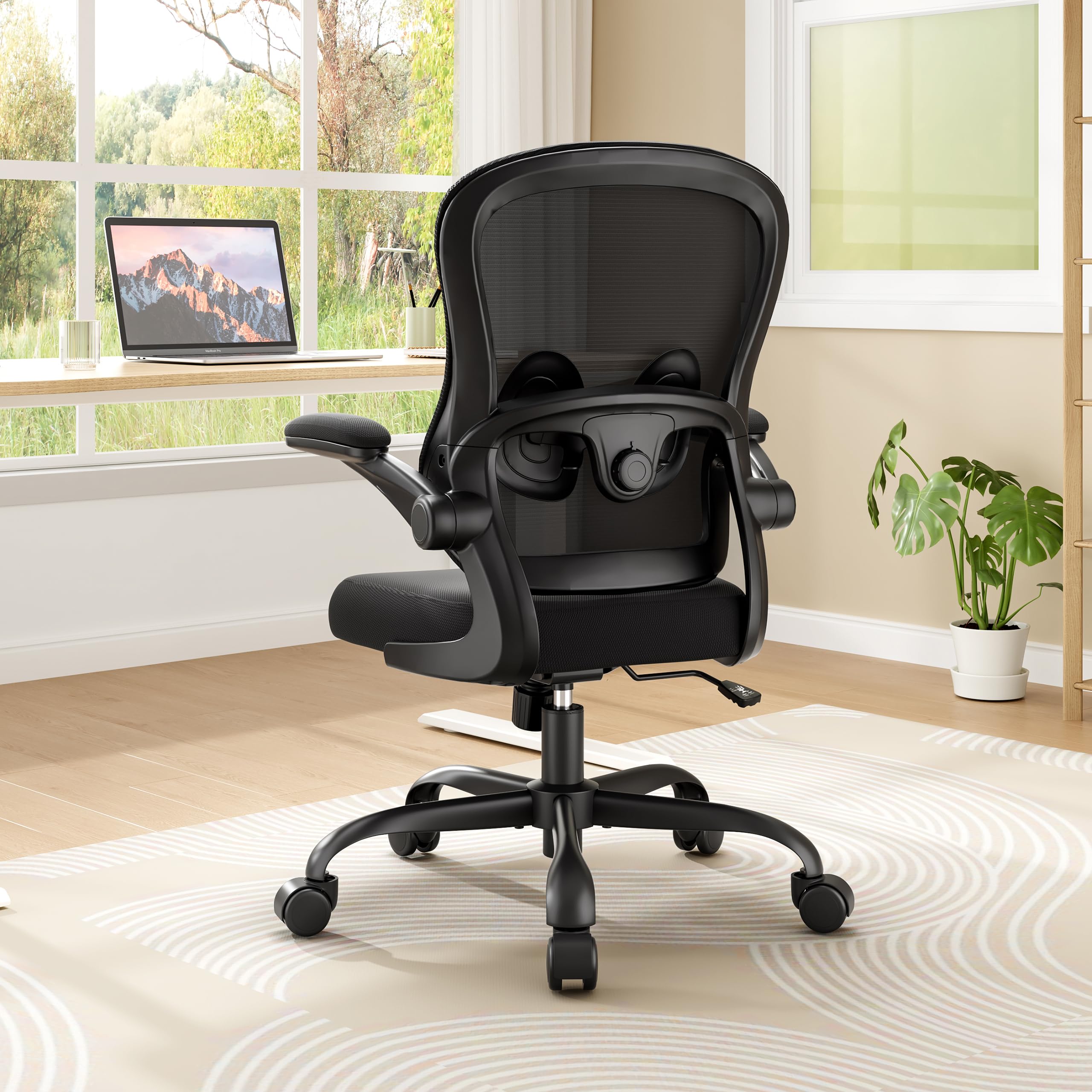 Farini Sedia da ufficio ergonomica in rete, braccioli pieghevoli, supporto lombare regolabile, girevole a 360°, ruote, per casa e scrivania, nera