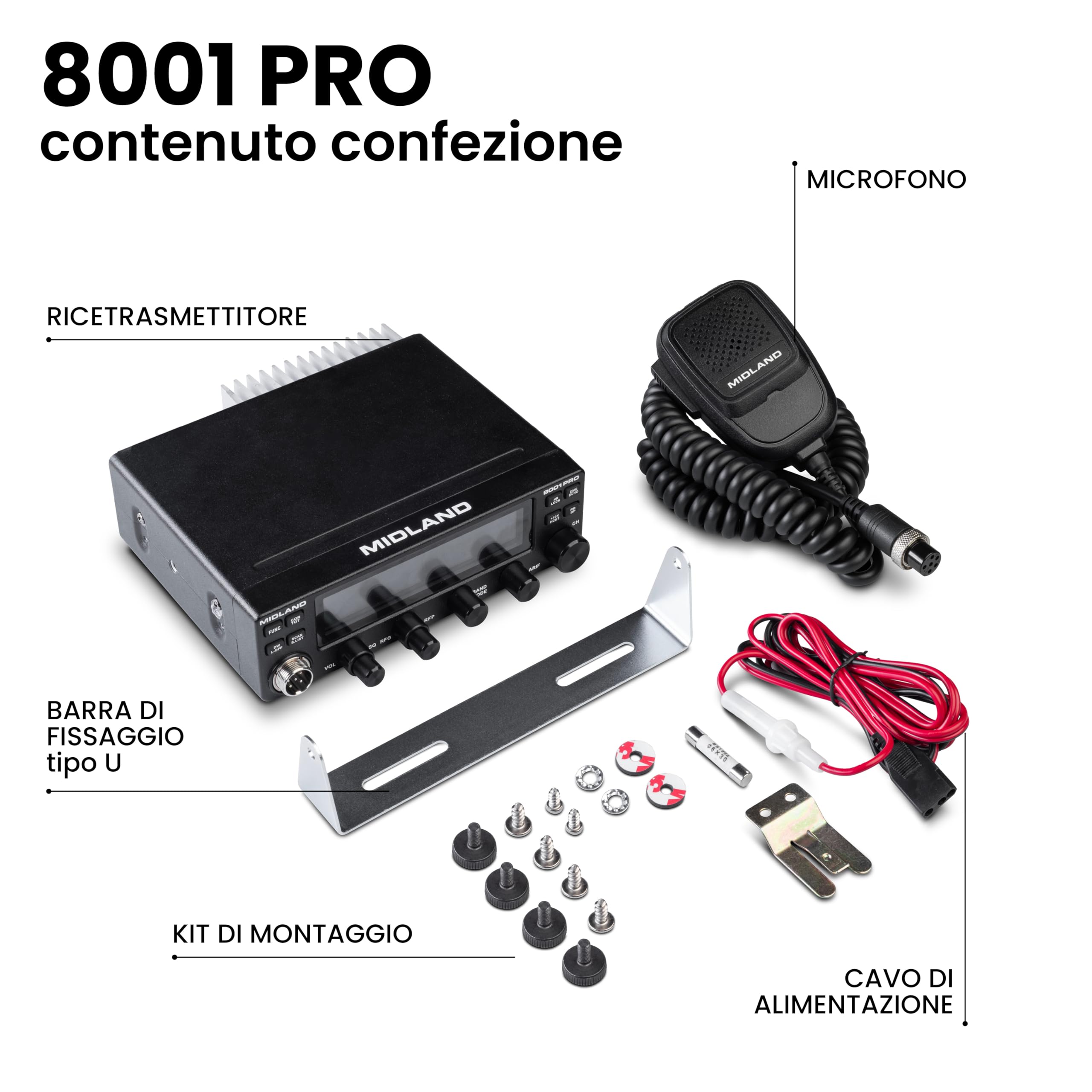 Midland - Kit Vivavoce Bluetooth Dual Mike per Radio CB 4 Pin, Microfono Preamplificato con DSP, PTT Wireless, BLE - Hands Free, Compatibile con Midland 8001 XT e STABO XM 4082/3044/3003, App CB Talk
