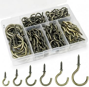QWORK  135 Pcs Ceiling Hooks, Screw in Hooks, Cup Hooks, 6 Sizes, Bronze for Hanging Plant, Keys, Hats, Light Hanging Supplies