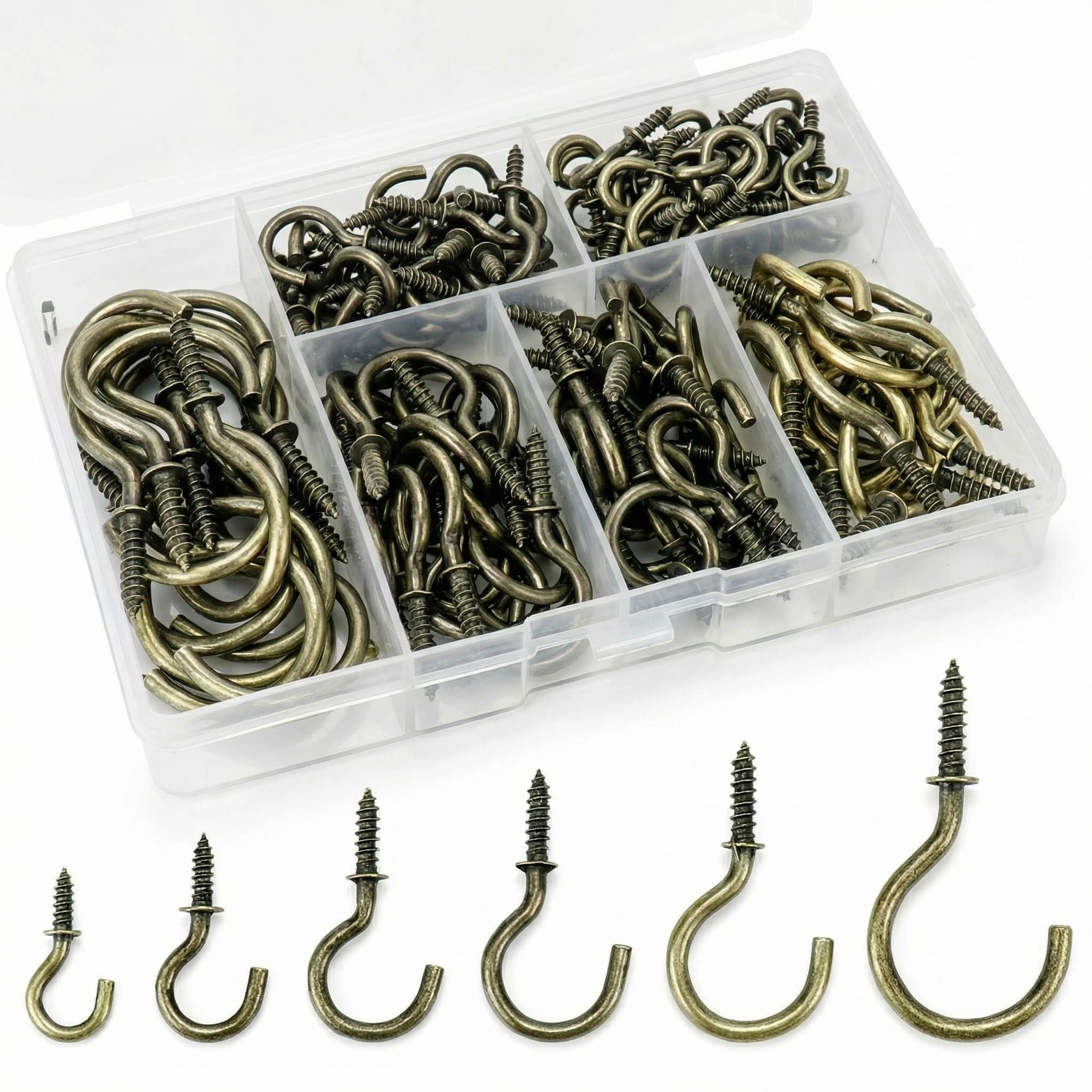 QWORK® 135 Pcs Ceiling Hooks, Screw in Hooks, Cup Hooks, 6 Sizes, Bronze for Hanging Plant, Keys, Hats, Light Hanging Supplies