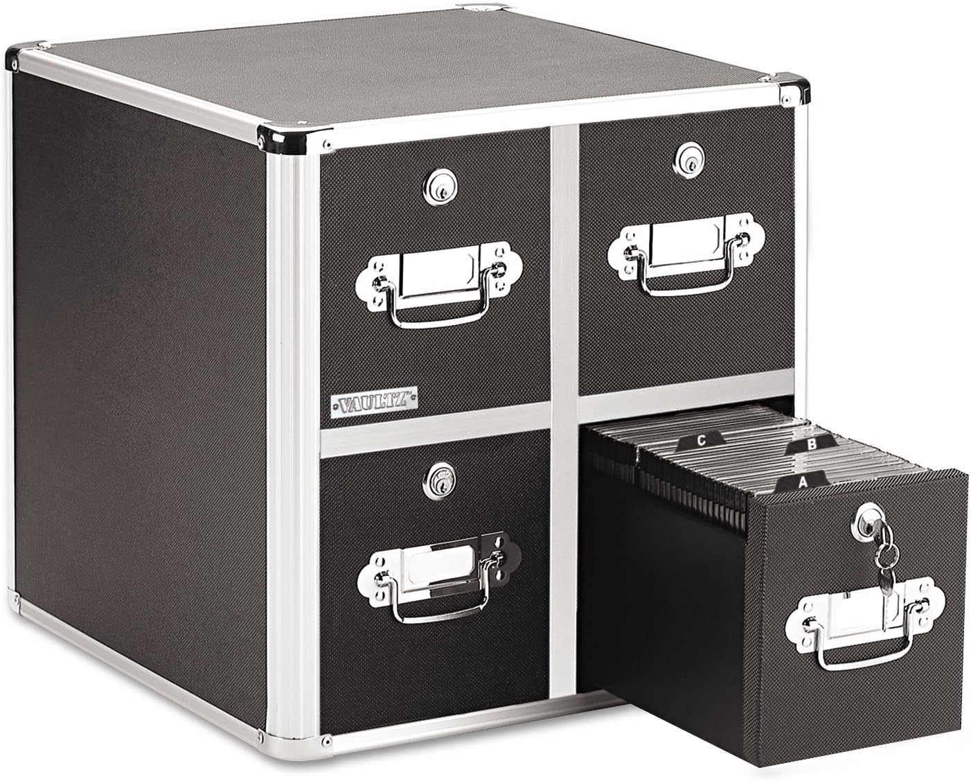 Vaultz CD Case Holder - File Cabinet CD Rack w/ 4 Drawers and Key Locks, 14 x 14.5 x 15.5 Inch DVD Organizer and CD Storage Box - Black