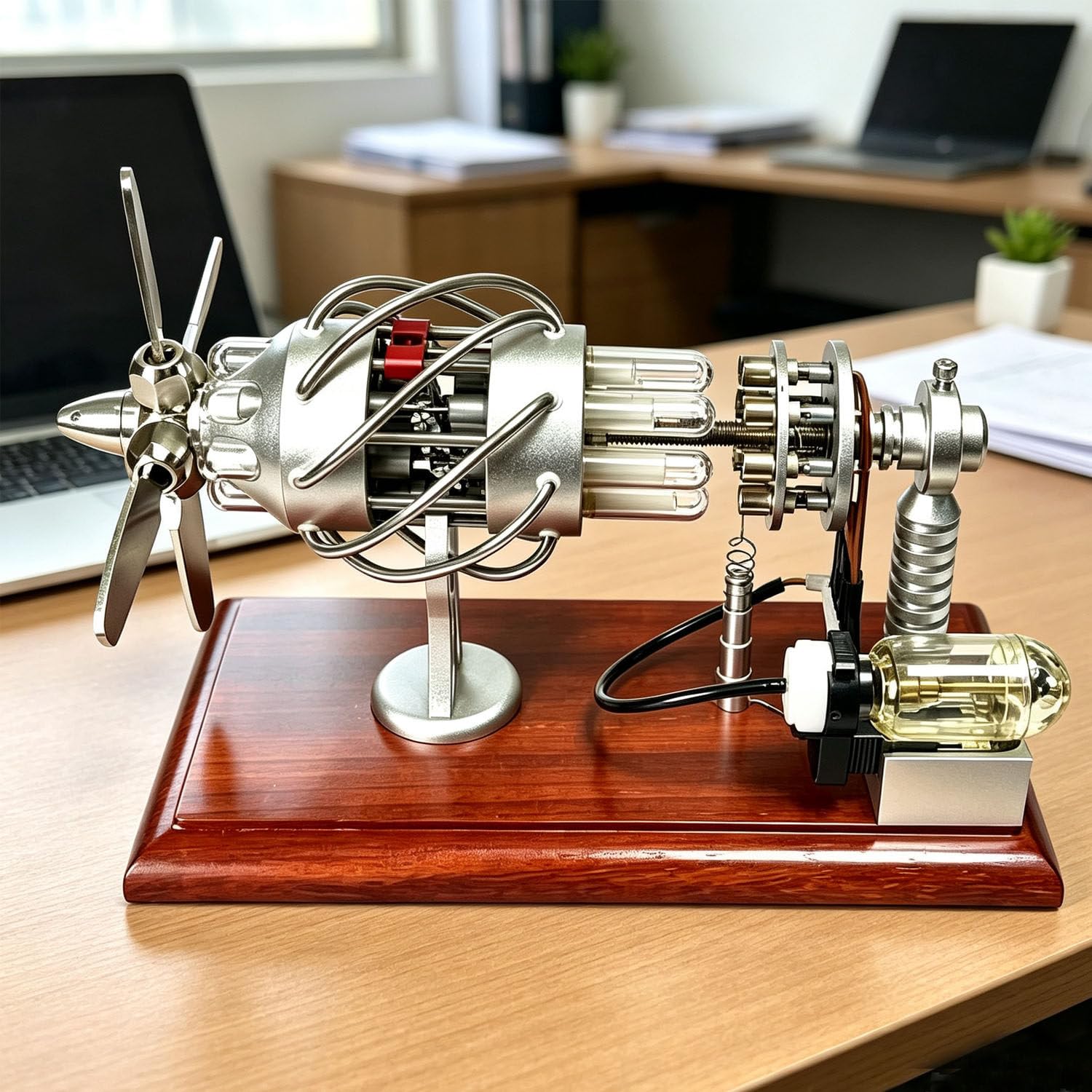 Silnik Stirlinga DowPie z 16 cylindrami i płytą wahliwą, generatorem, diodą LED i woltomierzem, wizualny model fizyczny do demonstracji konwersji energii cieplnej Quartztype