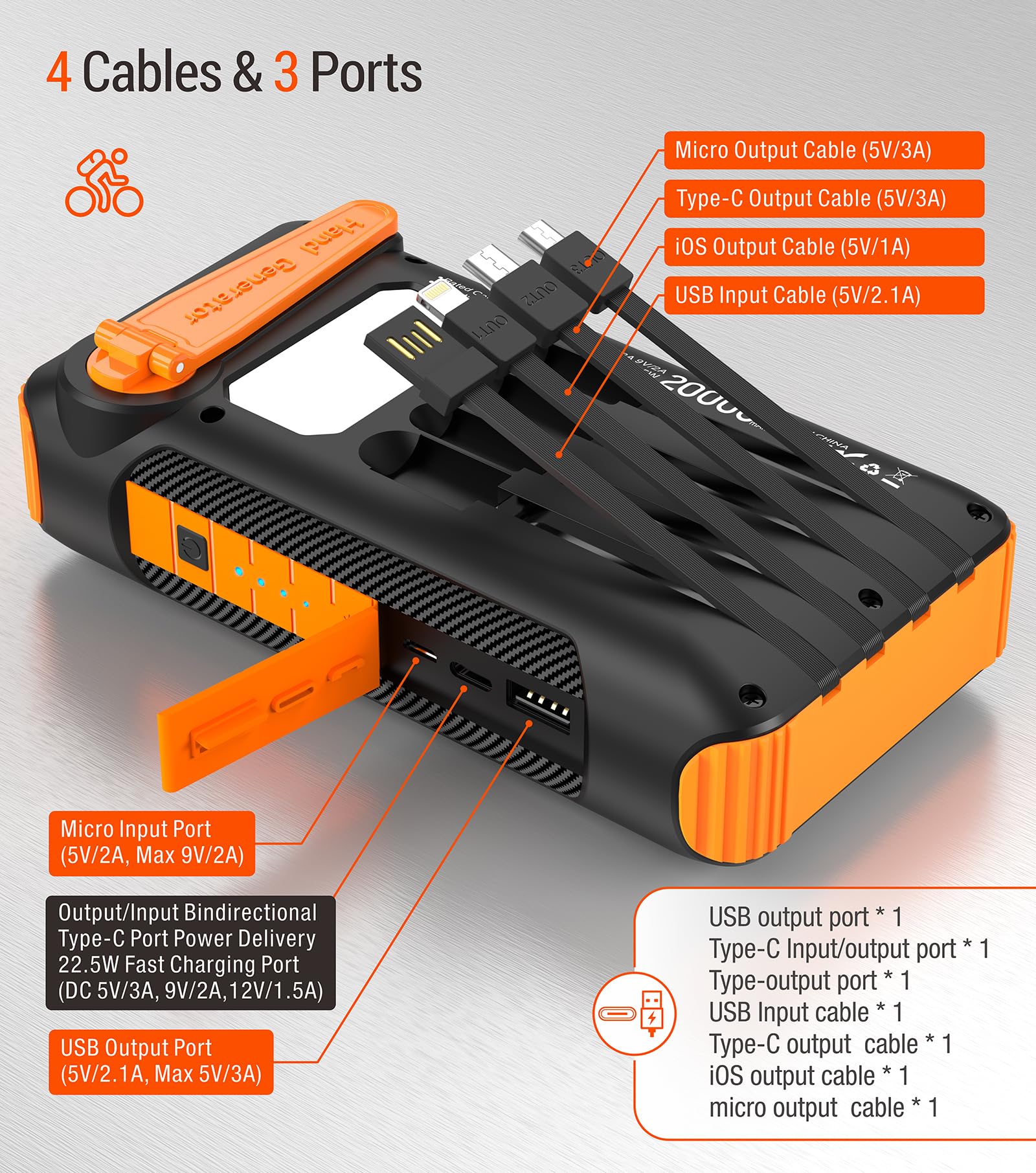Solar Power Bank 20000mAh Eingebaute Handkurbel und 4 Kabel 22,5W Schnellladung Powerbank 5 Ausgänge & 5 Eingänge Solar Tragbares Ladegerät SOS/Stroboskop/Starke Taschenlampen, Karabiner