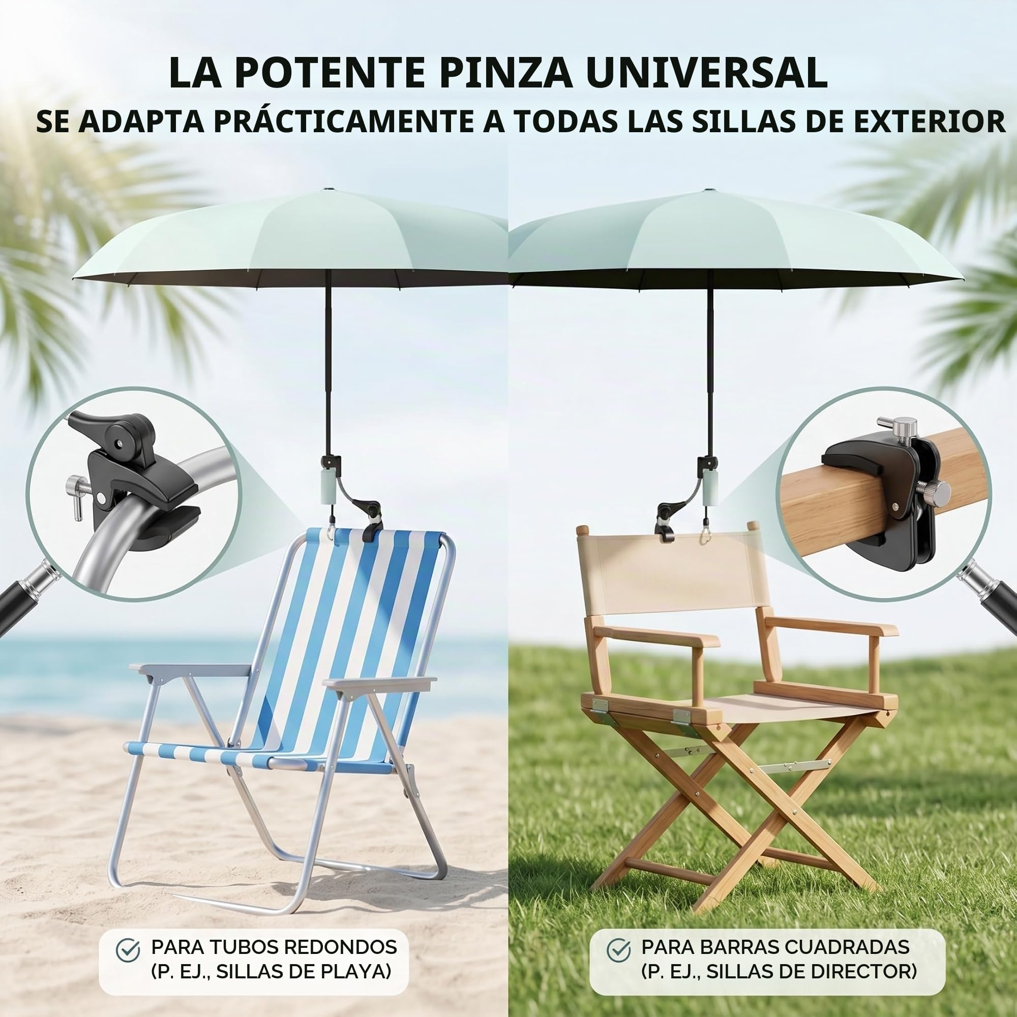 Sombrilla para Silla con Abrazadera Ajustable, Parasol con Clip para sillas Plegables de Playa y Pesca al Aire Libre, 25 Pulgadas, 10 Varillas, Verde Menta