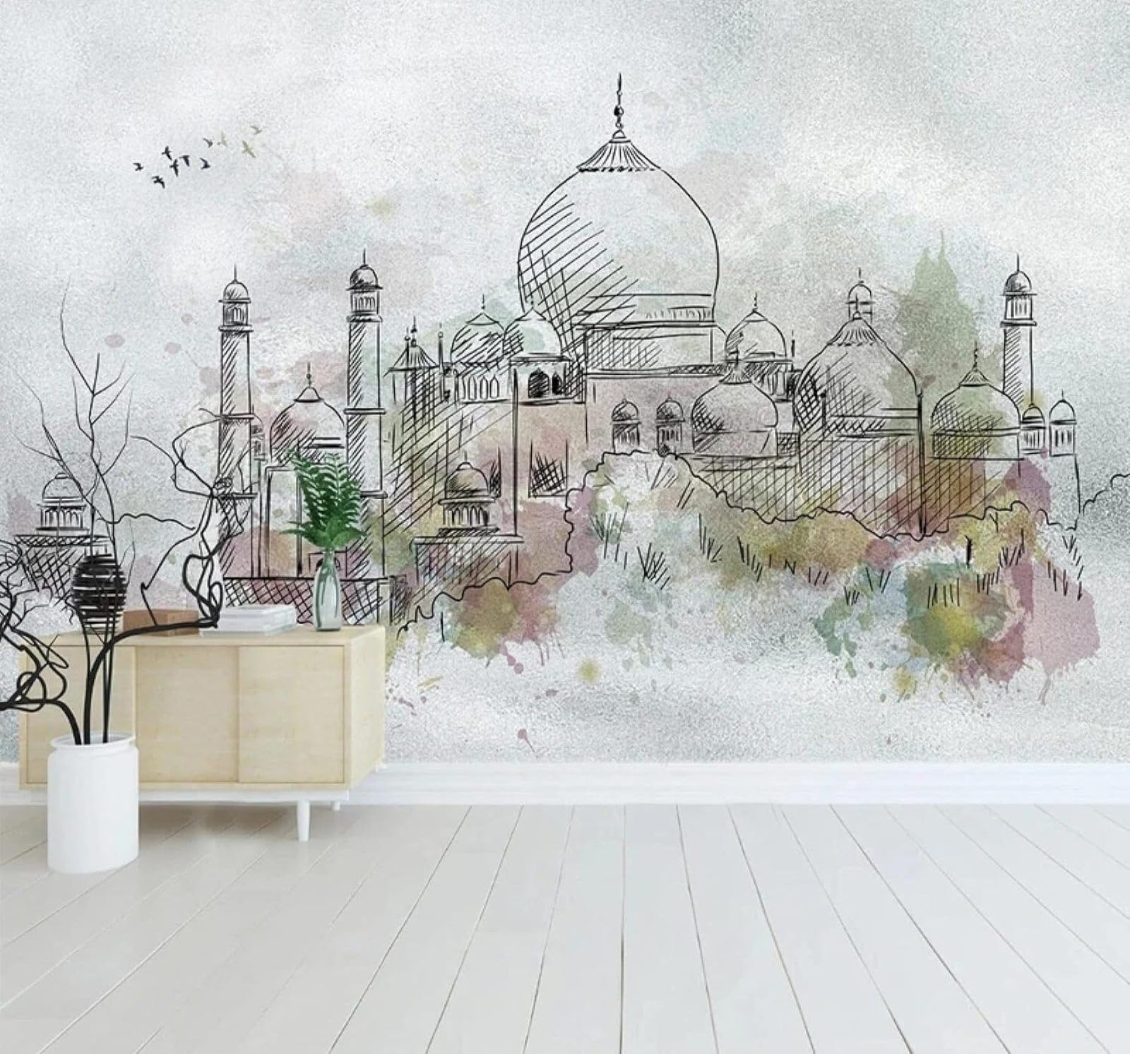 Tzxztt Hand Painted Watercolour City Castle Art Modern 3D Wallpaper Premium Textured Silk Neutral Tones Material Ideal for Living Room Bedroom-430cm×300cm