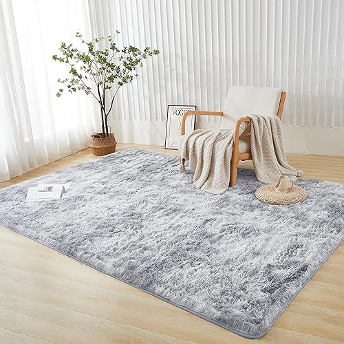 Miniatura 7 de Andency - Tapete rectangular de pelo largo sintético de interior, 5 x 8 pies, color gris claro estilo teñido anudado, afelpado mullido duradero,