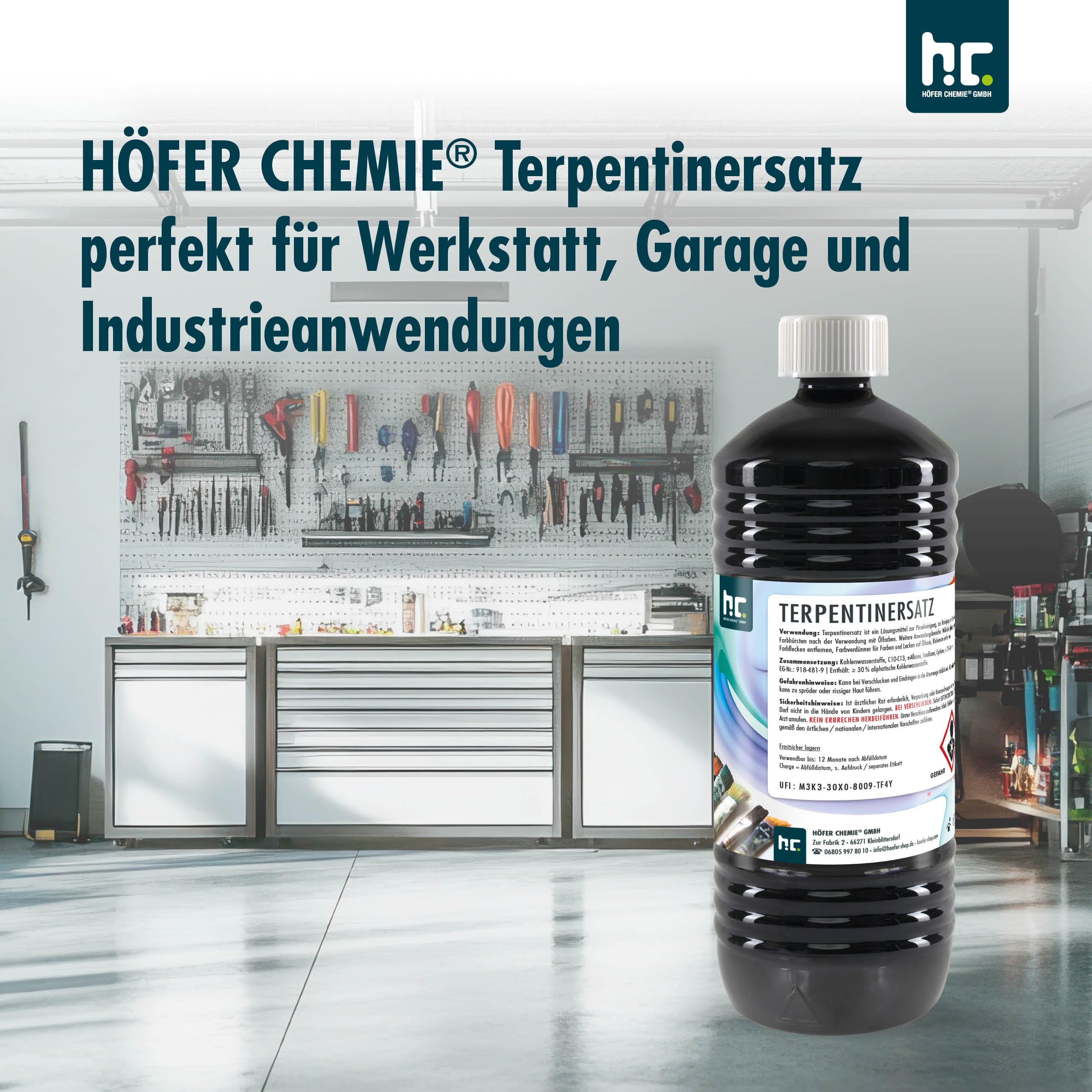 Höfer Chemie Terpentin-Ersatz 15 x 1 L – Universal Lösungsmittel zur Reinigung von Pinseln, Farbrollen & Bürsten, Entfernt Farbflecken, Harz & Kleberückstände