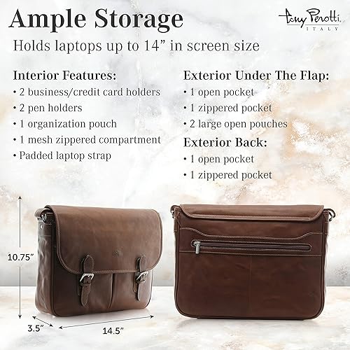 Miniatura 2 de Tony Perotti Lorenzo 14.5" Italian Leather Laptop Bag for Men - Leather Computer Briefcase Saddleback Messenger Bag