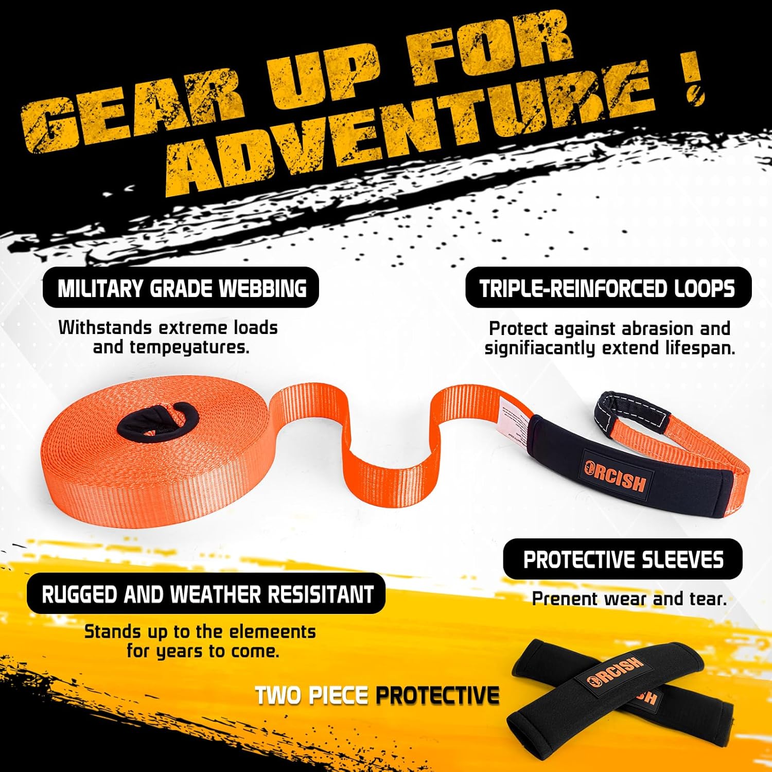 ORCISH Long Recovery Tow Straps, 2" x 66 FT Tow Straps Heavy Duty with Loops, Tow Rope for Truck, Vehicle Recovery Rope with Reinforced Loops and Protective Sleeves, Tree Saver Strap for Winching