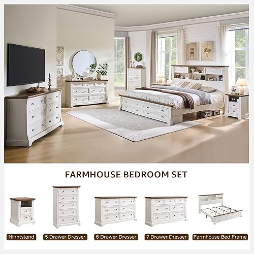 Miniatura 6 de Cómoda de granja con 6 cajones para dormitorio, cómoda grande de 54 pulgadas de ancho con columna romana, soporte de TV de madera con cajones