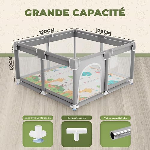 JUPPLIES Parc Bébé Sécurisé avec Tapis 120×120 cm – Aire de Jeu Carrée pour Enfant 6–24 mois, Filet Respirant 360°, Structure Stable Antidérapante, 2 Poignées Incluses - 5