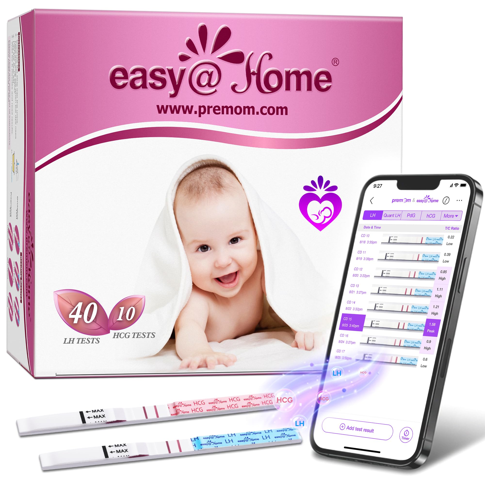 Easy@Home Ovulation Test Strips Powered by Premom Ovulation Predictor APP, FSA Eligible, 40 Ovulation Test and 10 Pregnancy Test Strips, 40LH +10HCG | Package May Vary