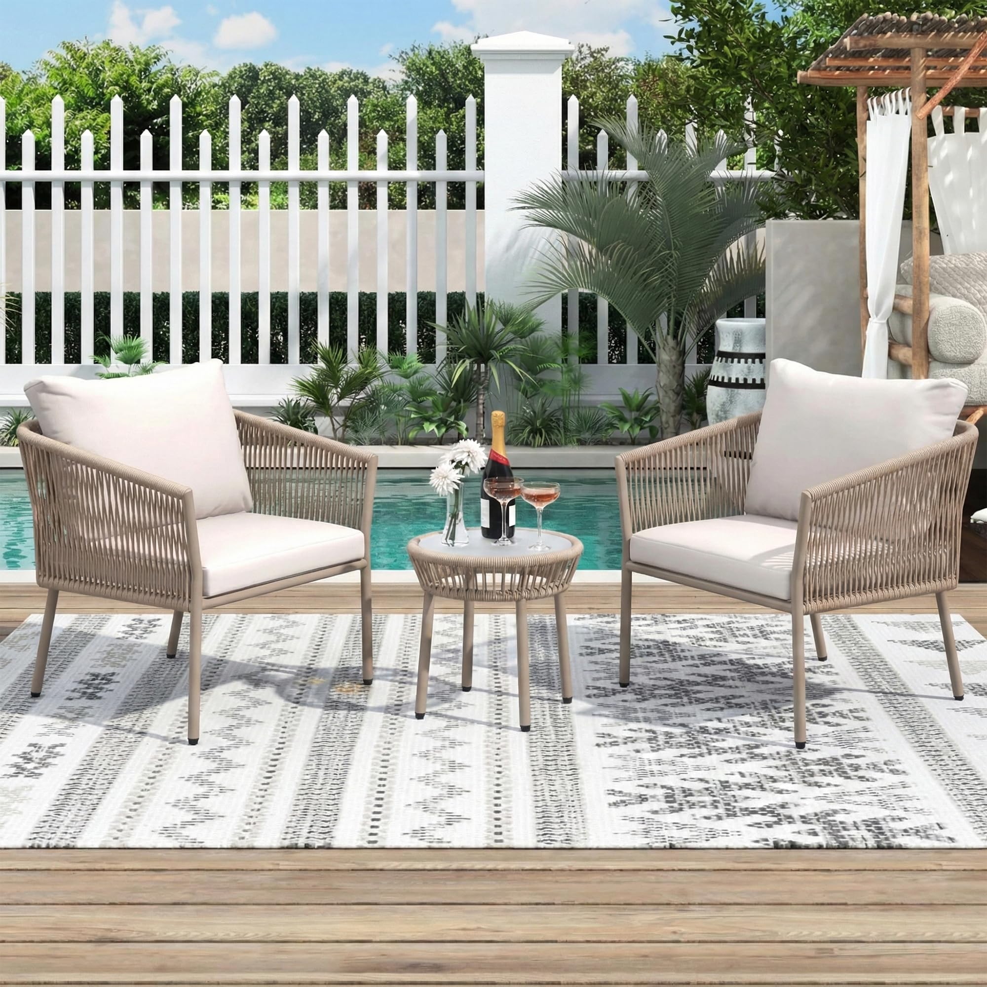 Braid & Rope Garden Patio Seating Chair and Table Set Outdoor Balcony Garden Coffee Table Set Furniture with 1 Table and 2 Chairs Set with Cushion (Beige and White), 61 cm, 81.3 cm