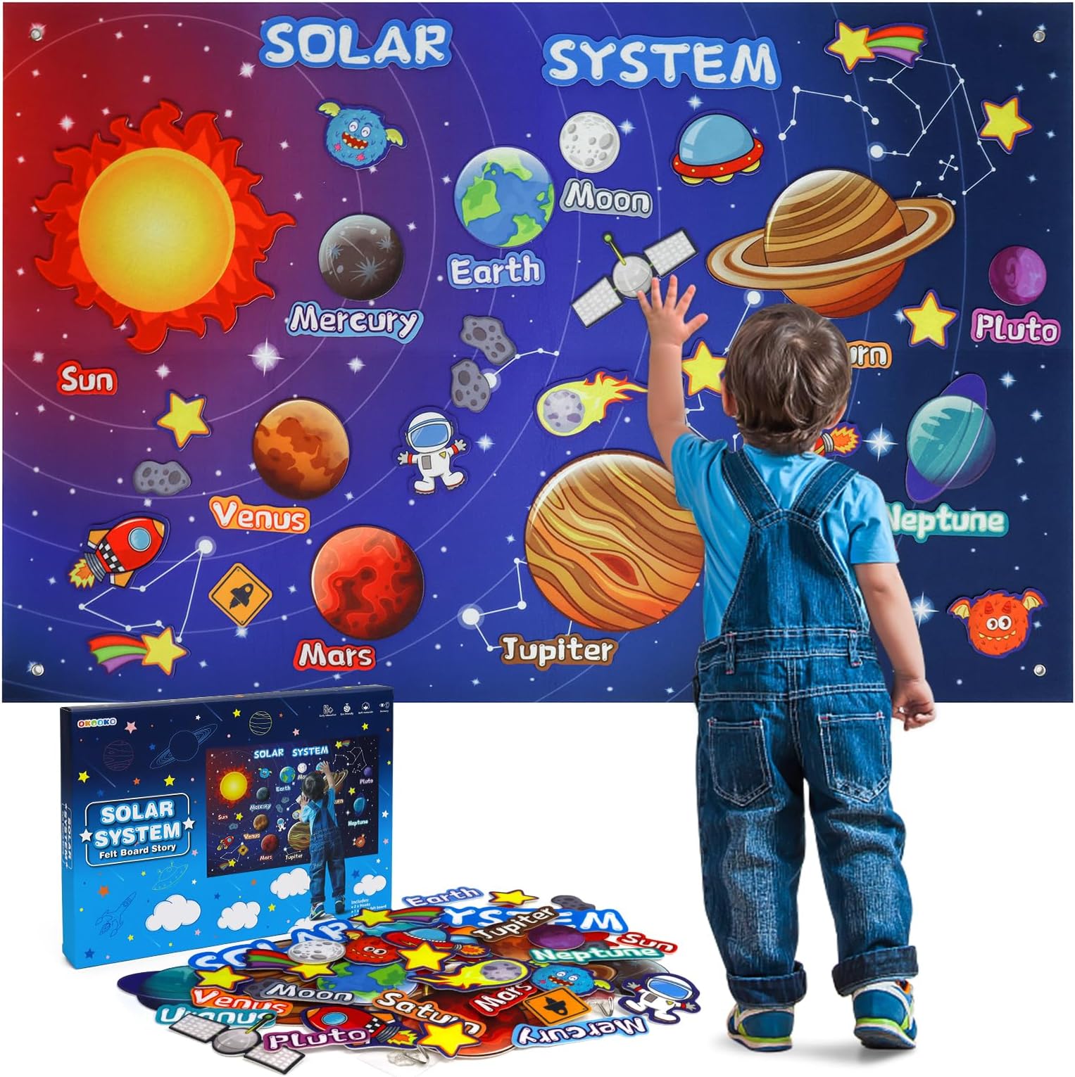 - OKOOKO Solar System Felt Story Board Set 41PCS 43x29inch Outer Space Universe Storytelling with Hooks Astronaut Planets Galaxy Preschool Craft Early Learning Interactive Play Kit for Toddlers Kids 4+
