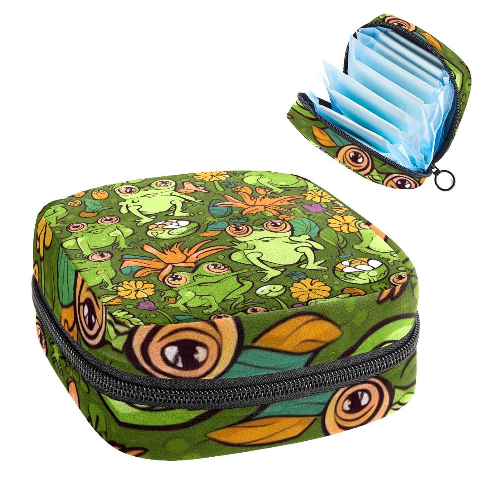 Portable Menstrual Pad Bags, Large Capacity Sanitary Napkin Storage Bag, First Period Kit for Girls Women, Zipper Nursing Pad Holder Cartoon Playful Frogs with Flower