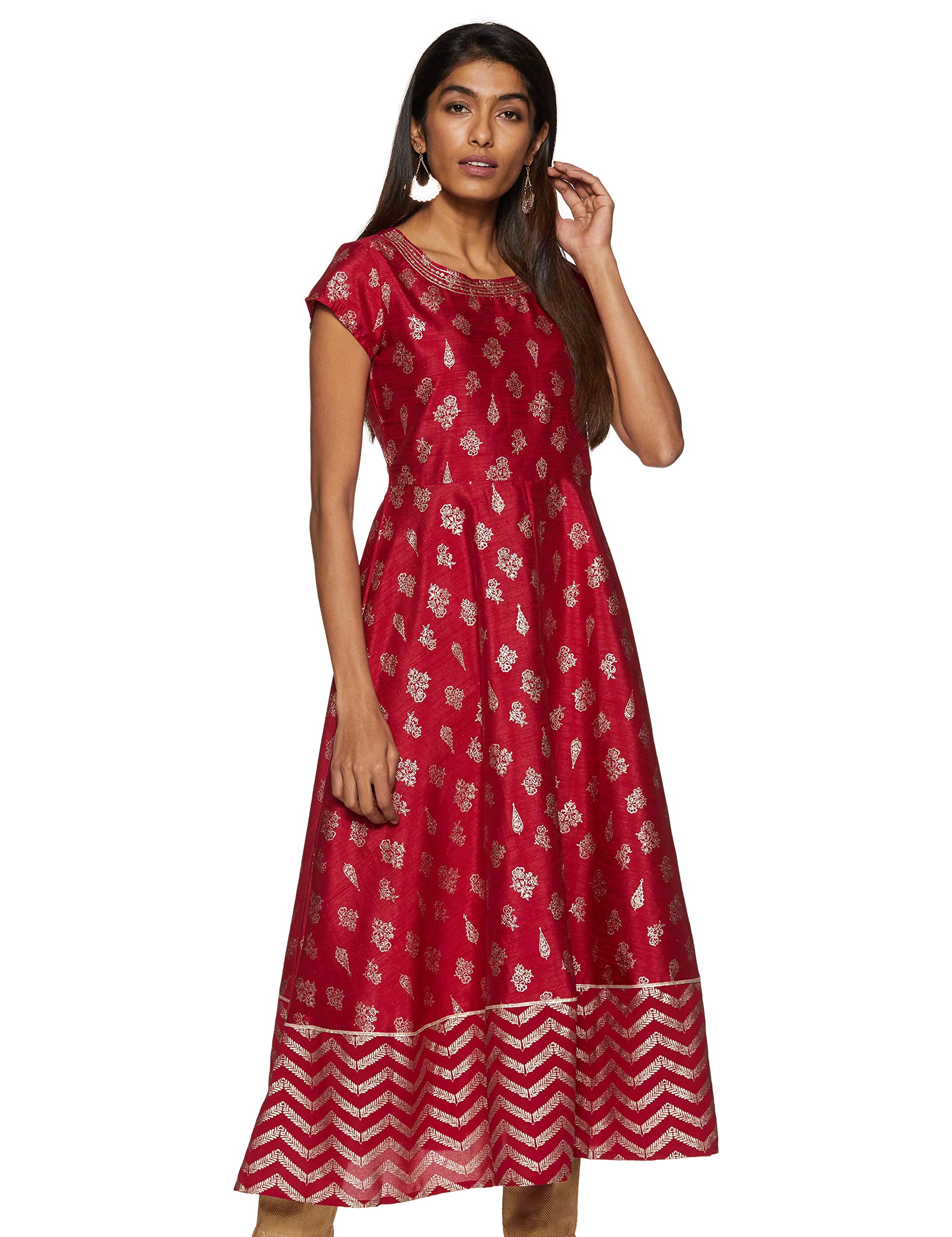 Rangriti Maroon Polyester Dupioni Flared Dress for Women in maroon