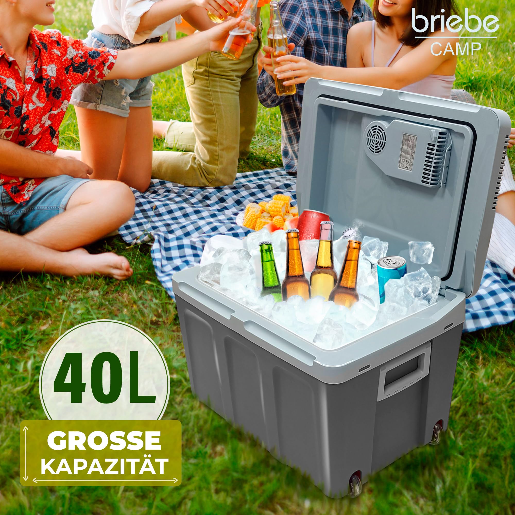 briebe Tragbare Elektrische Kühlbox für Reise, Auto, Camping, 12 V/220 V, Fassungsvermögen 40 L, Räder, Kühlung, Hält Warm, Energiesparend (Grau)