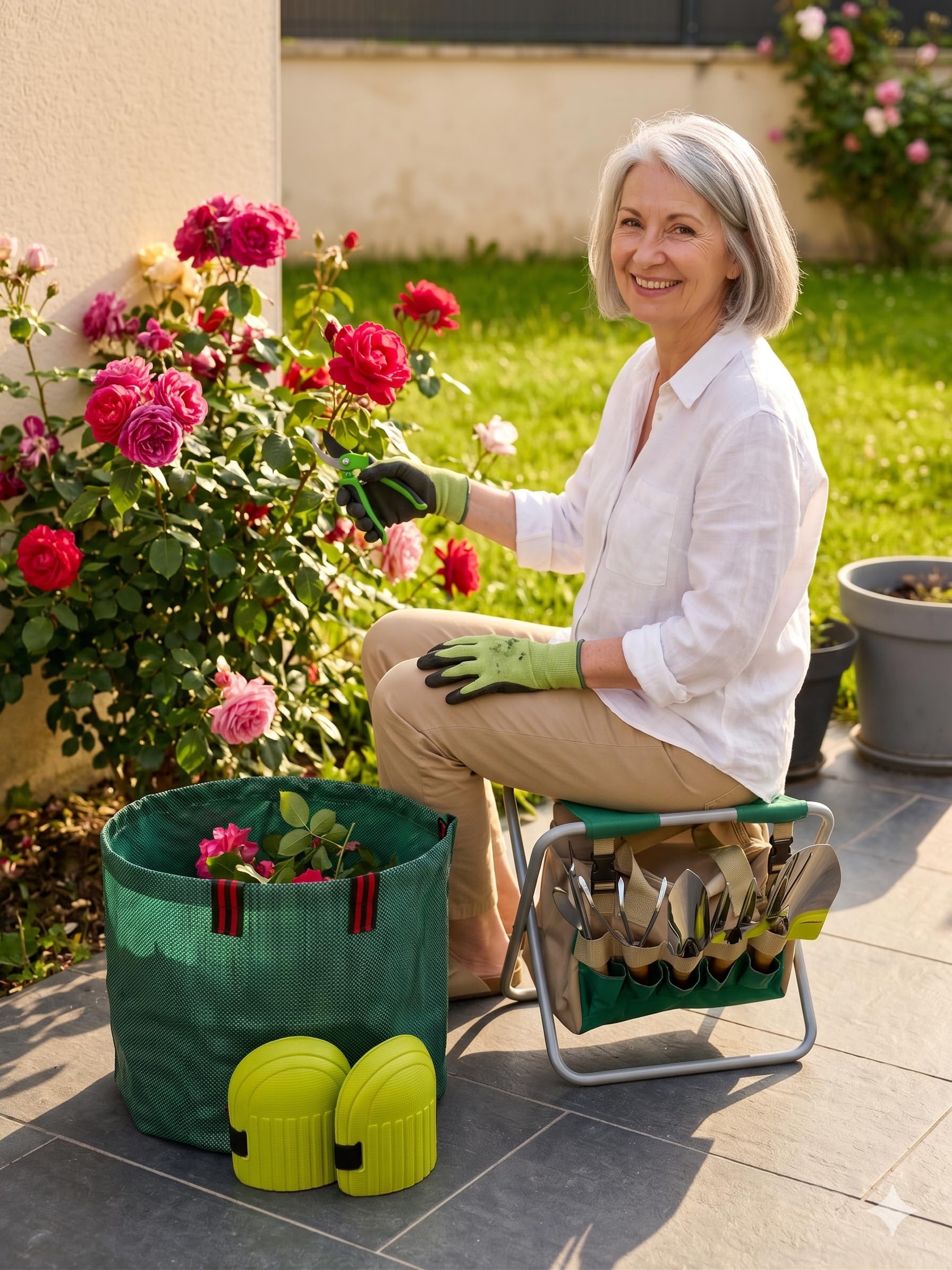 Kit Jardinería Ergonómico Verdorin - Taburete Plegable + 12 Herramientas Acero Inoxidable + Bolsa + Guantes + Rodilleras - Jardinería sin Dolor en la espalda ni en las Rodillas