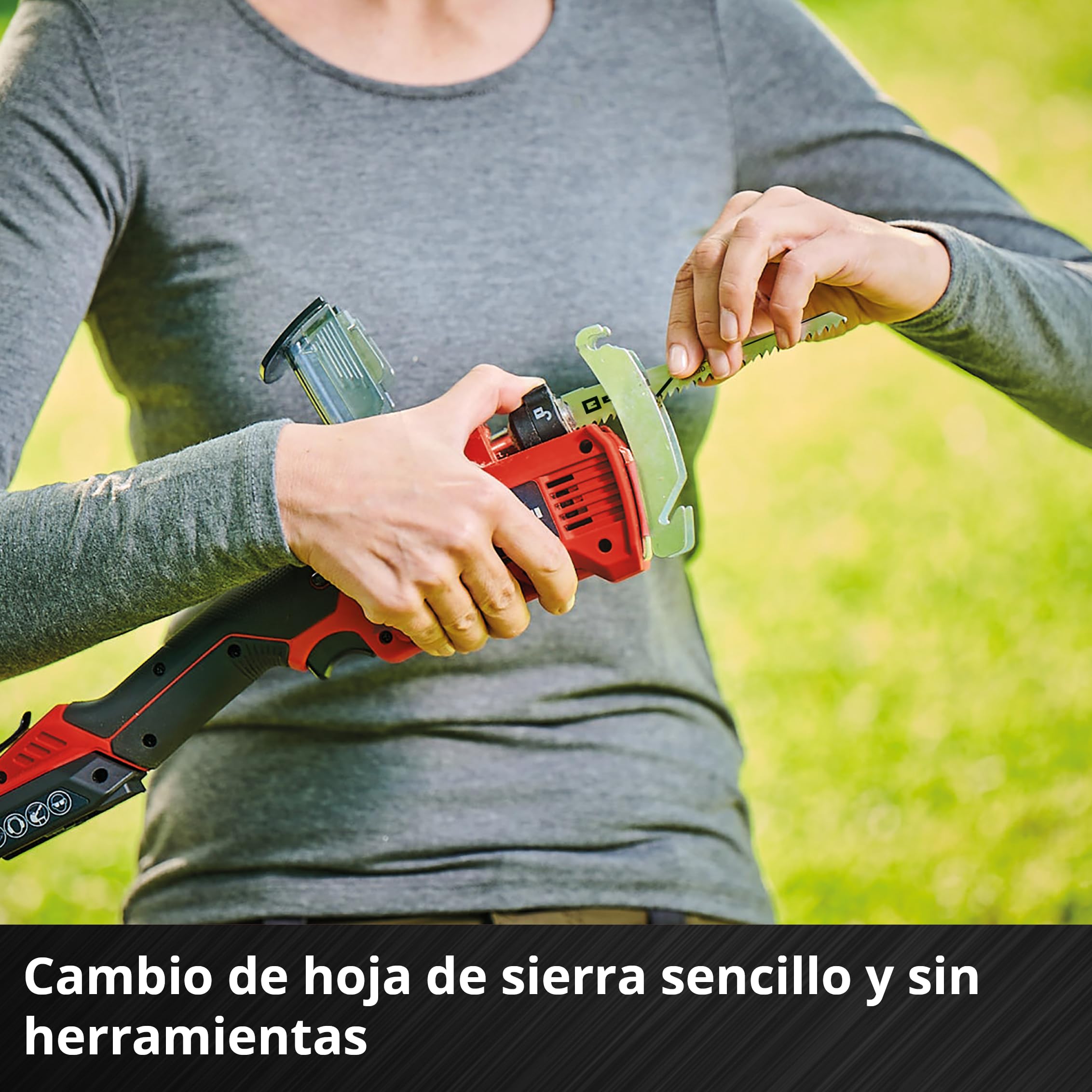 Einhell Sierra de ramas con batería GE-GS 18/150 Li-Solo Power X-Change (18V, 100mm espesor de corte máx, 20 mm altura carrera, estribo de rama desmontable, incl. 2 hojas de sierra, sin batería)