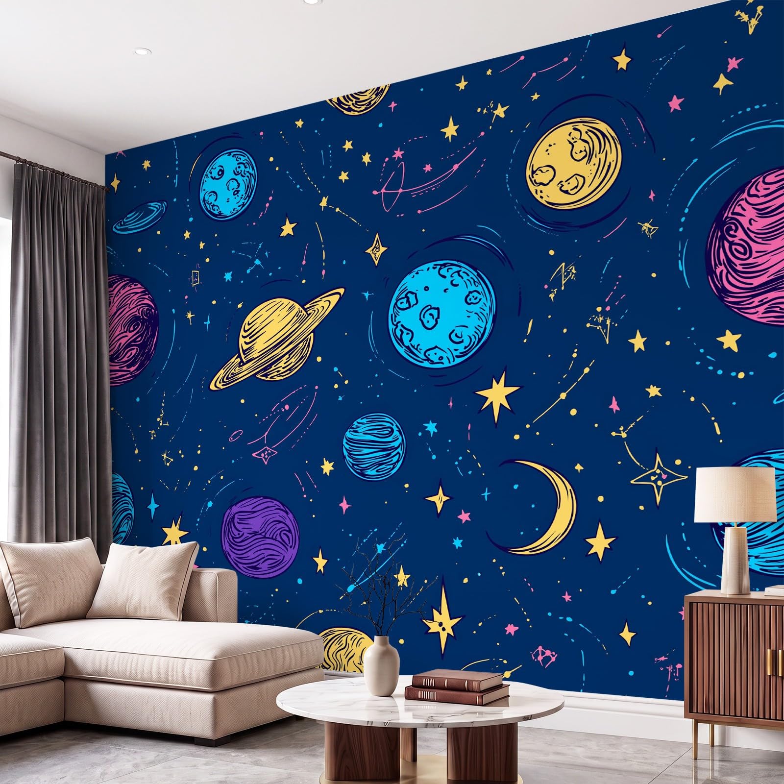 Tapeta 3D z kreskówki, marzycielska, romantyczna 300 x 210 cm, mural ścienny, planeta, księżyc, tapeta do sypialni, przedszkola, malowniczego ogrodu, wisząca
