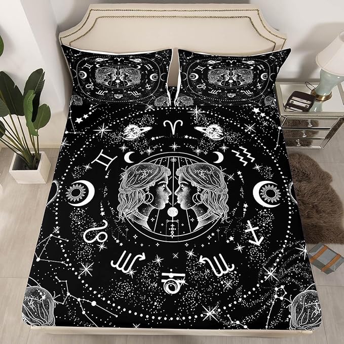 Erosebridal Sun and Moon Bed Sheet Queen, Constellation Gemini Fitted Sheet for Kids Teens Adult, Zodiac Signs Astrology Bedding Set Starry Sky Galaxy Sheets with 2 Pillow Cases,Black White
