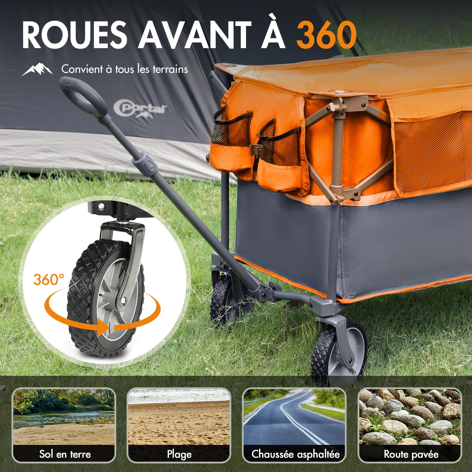 PORTAL Chariot de Jardin Pliable Plus Grande capacité pour Festival, Plage, Camping, Chariot avec roulettes, remorque de Pique-Nique Robuste Orange