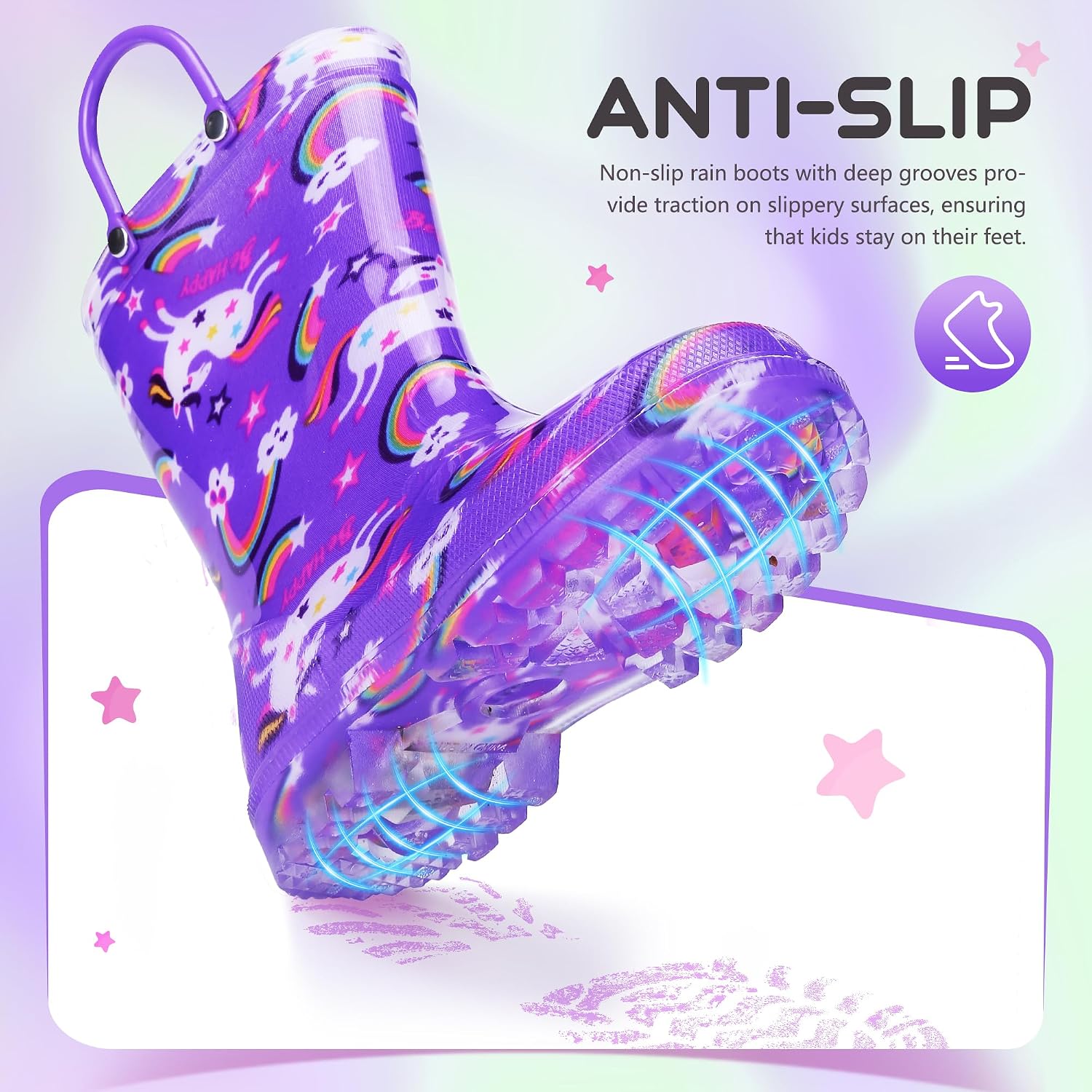 Funspread Rain Boots for Girls Toddlers - Light Up Kids Rainboots Boots Waterproof Lightweight Rain Shoes with Handles (Toddler/Little/Big kids) image 3