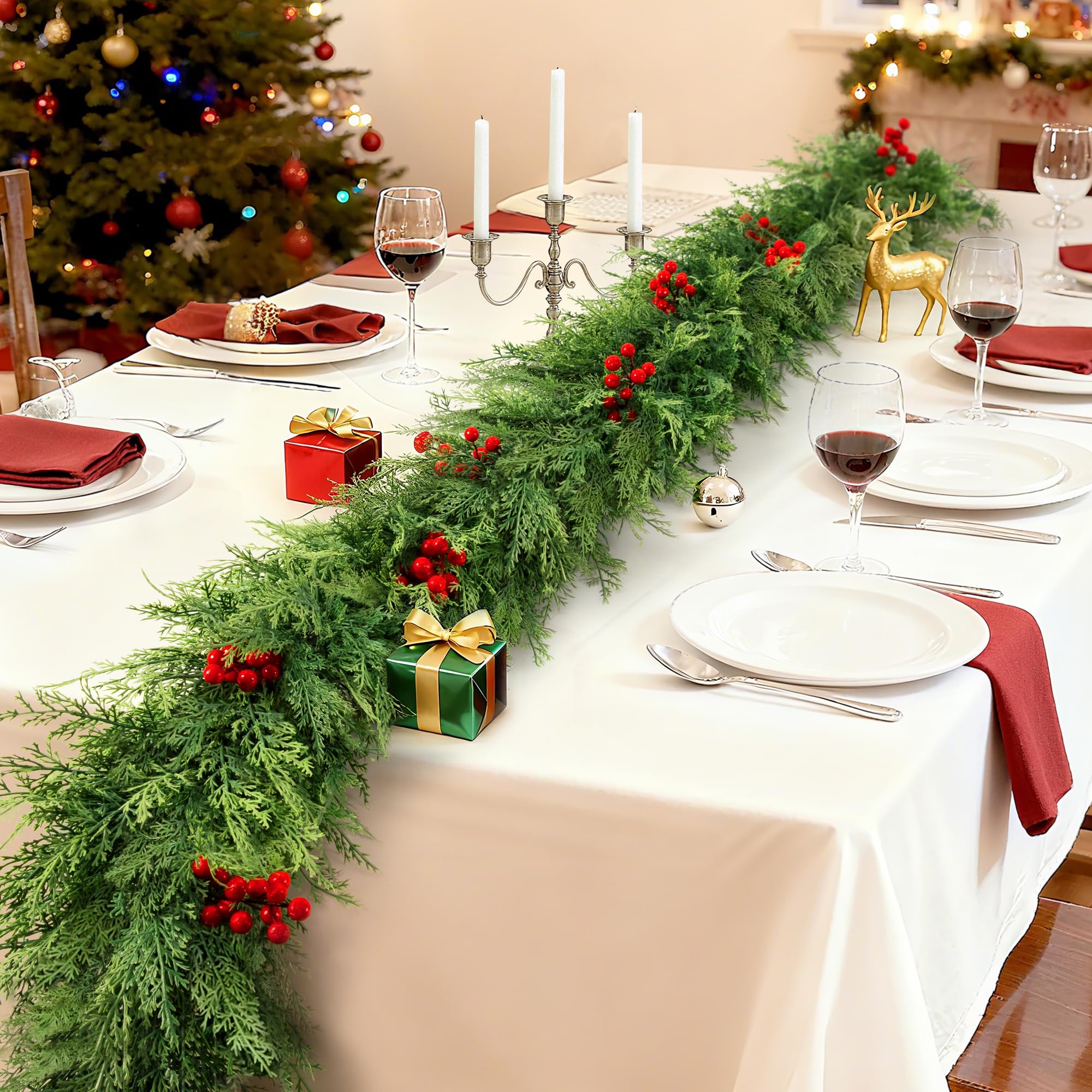 Guirnalda de pino artificial de Norfolk, guirnalda de pino de invierno de tacto real, guirnalda de vegetación artificial verde para mesa, manto, pared, interior y exterior, decoraciones de Navidad (9