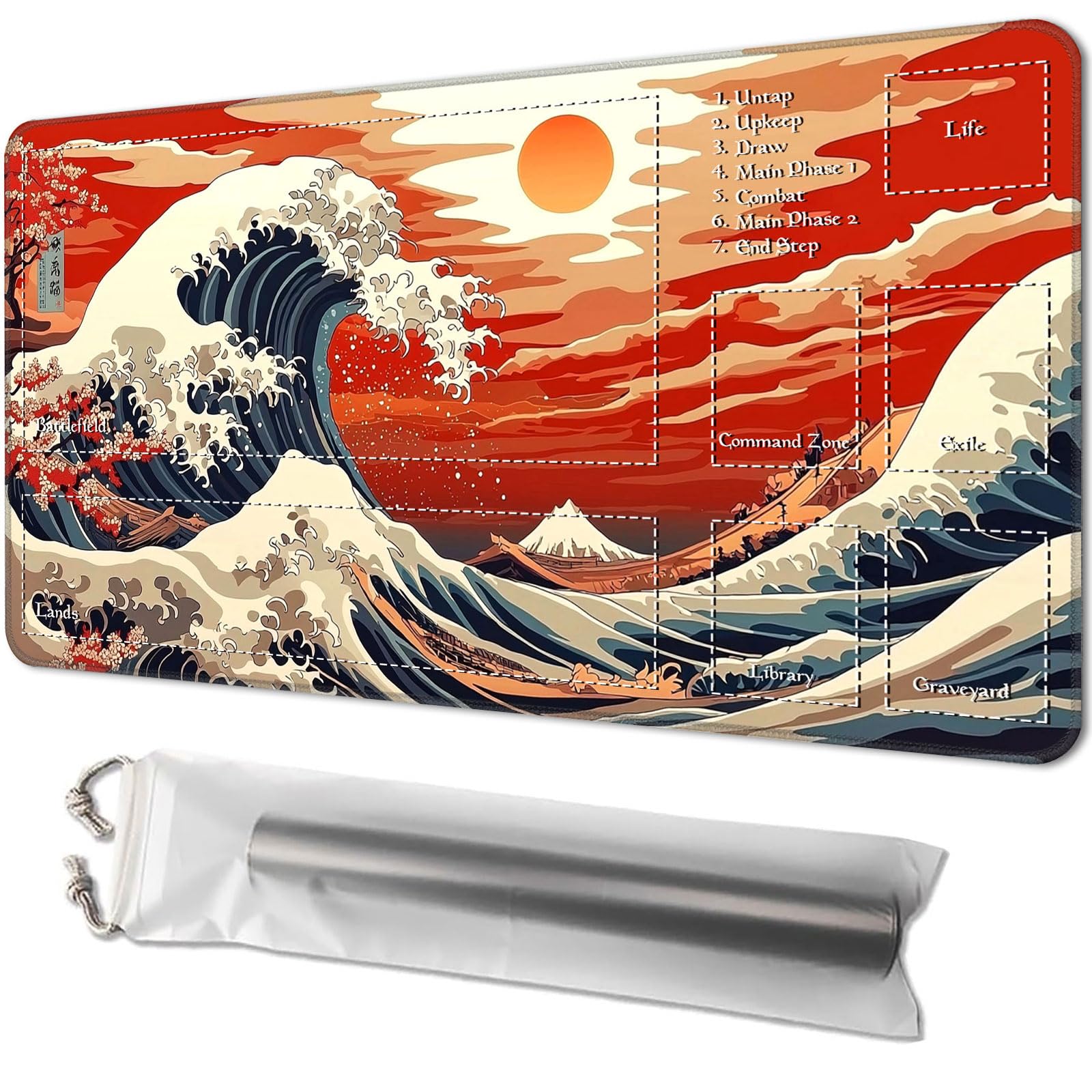 Playmat for MTG, Game Mat 24 x 14 inches, with Free Storage Bags, TCG and Board Game Mat for Cards, Ideal for Card Game Enthusiasts, Asian Wave