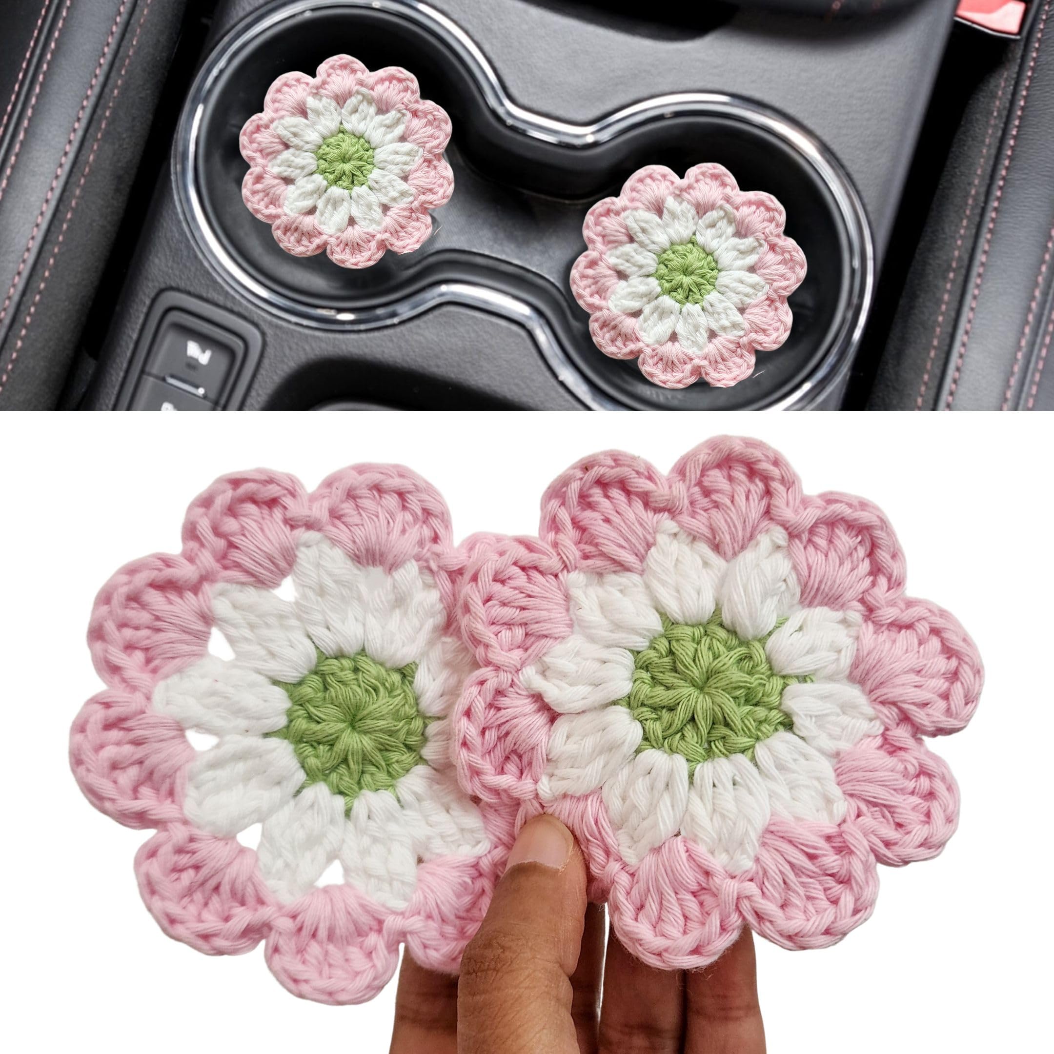 Cotton Car Coasters 2pc Car Cup Coasters Cute car Accessories for Women car Coaster for Cup Holders Rosy