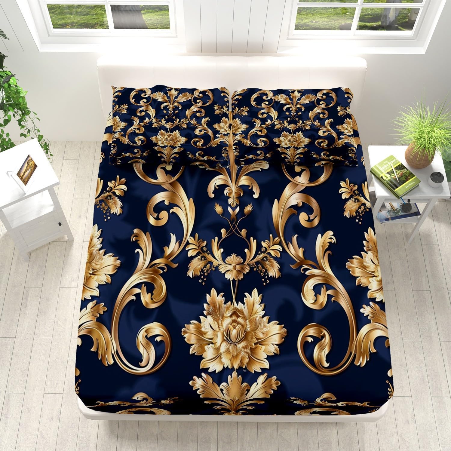 Print Fitted Sheet Set King Size for Kids Boys Girls, Bed Sheets European Style Golden Flower Pattern Fitted Sheet Adults Flat Sheet Soft Luxury, Home Room Decor 4Pcs