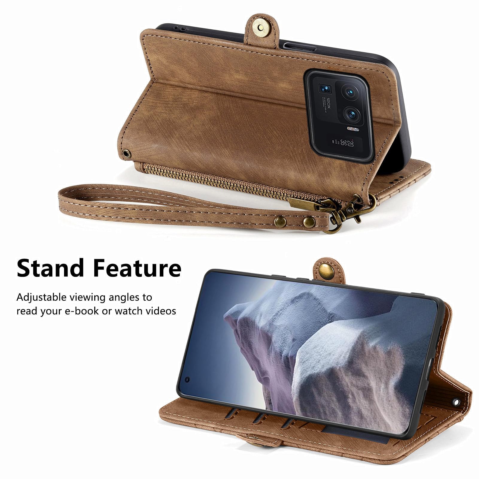Asuwish Phone Case for Xiaomi Mi 11 Ultra 5G Wallet Cover with Tempered Glass Screen Protector and Wrist Strap Flip Zipper Card Holder Stand Cell Accessories Mi11Ultra Mi11 11Ultra G5 Women Men Brown - Image 3