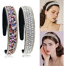 2 Pieces Gorgeous Rhinestone Headbands Fashion Hair Accessories Glitter Sparkly Crystal Diamond Headbands for Girls Women(Silver, Rainbow)