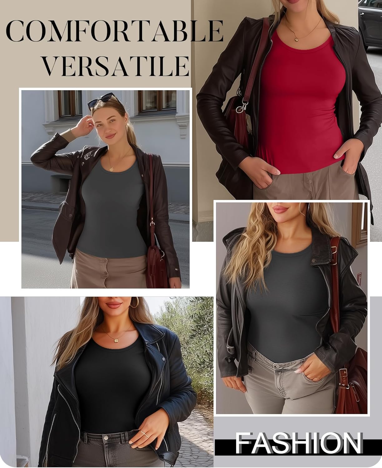 3 Pack Women's Plus Size Shirts Tops Scoop Neck Long Sleeve Tee Slim Fitted Stretchy Casual Basic Fall Winter Blouse - Image 3