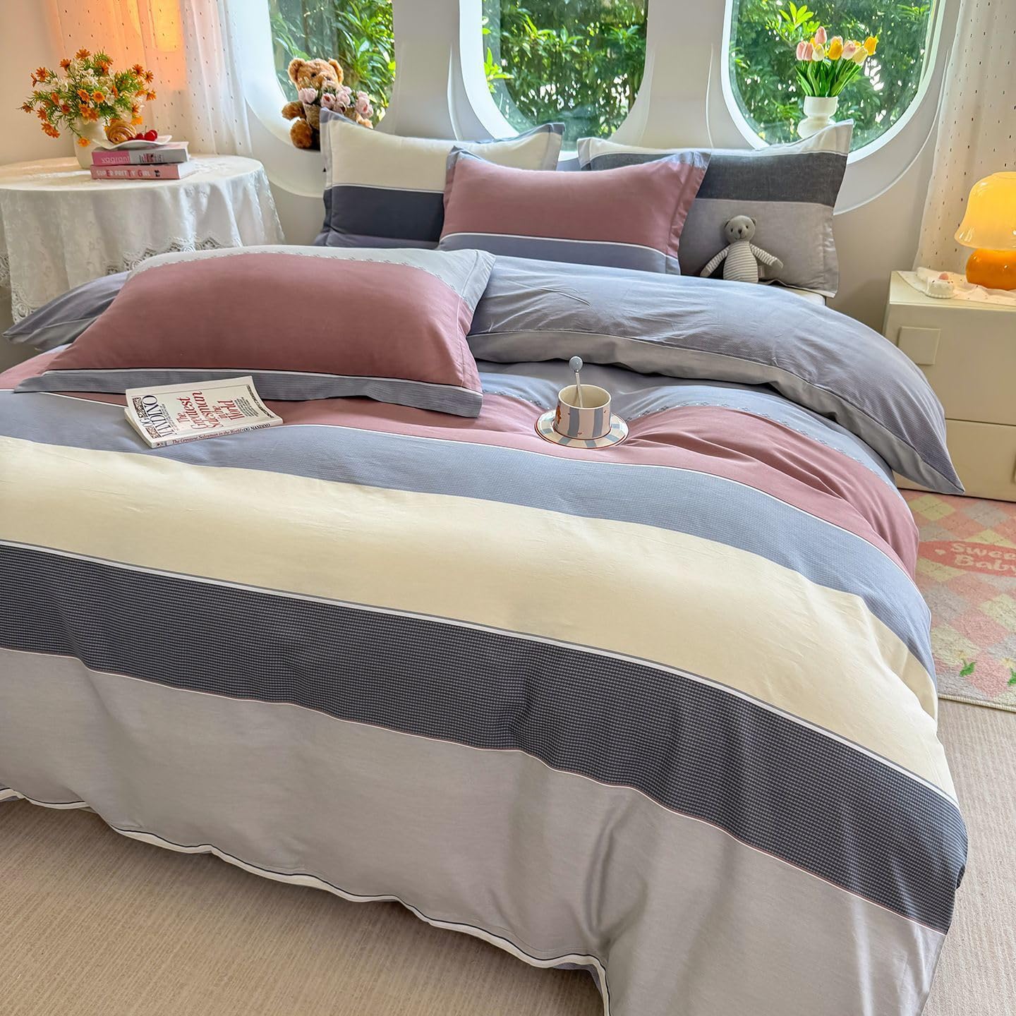 Housse de couette 160x200 cm rayure gris parure lit deux personnes moderne