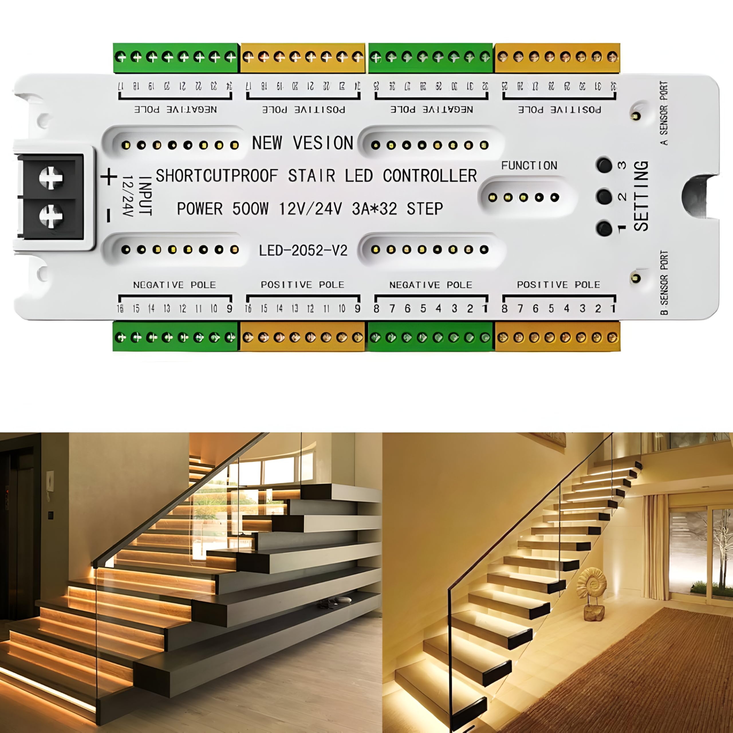 2 Channel Stair LED Motion Sensor Controller Dual PIR Automatic Step Lighting System 12V 24V Smart Staircase Light Kit with Adjustable Brightness 500W Load Support for Home Hotel Safety