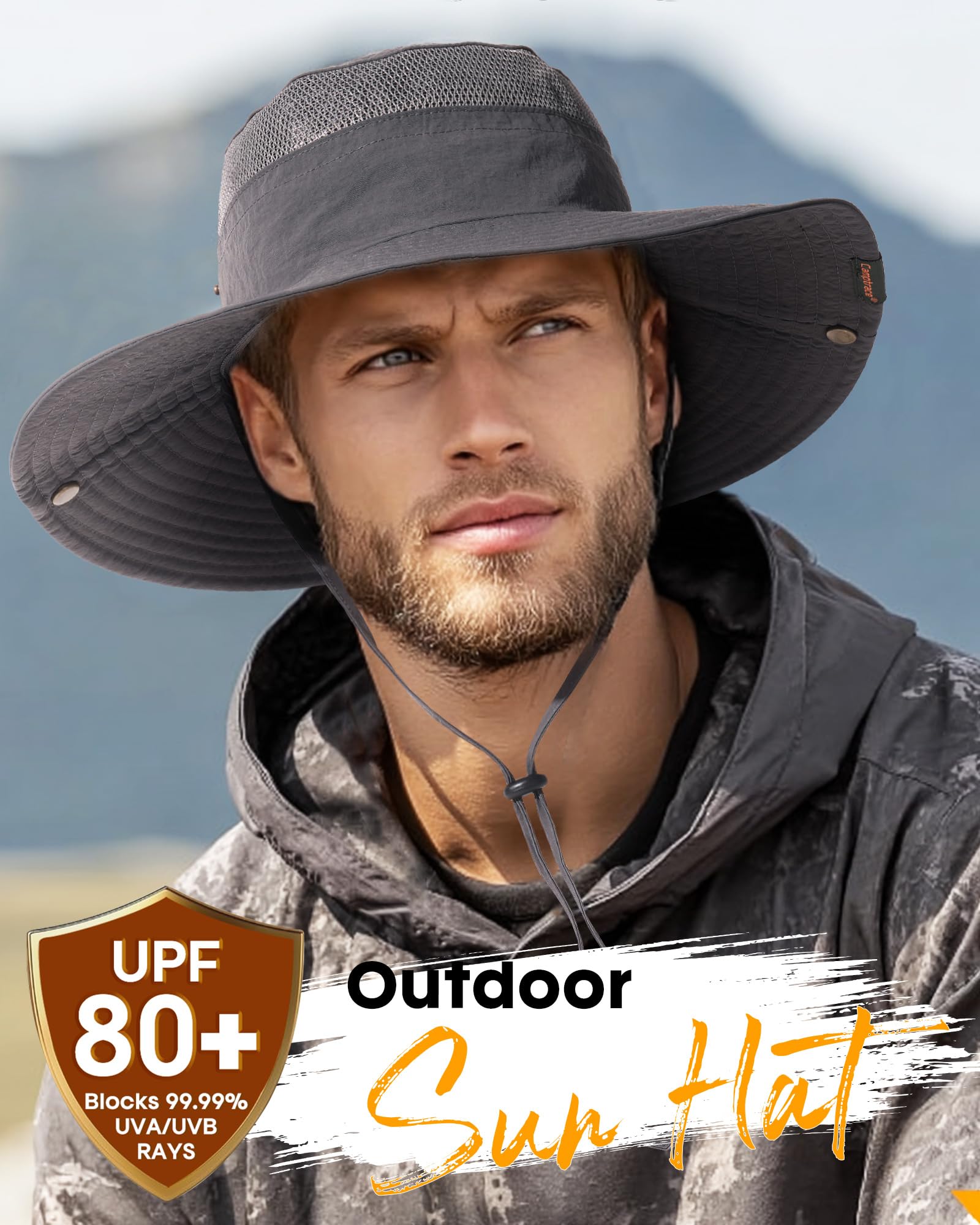 Sombreros de sol para mujeres y hombres, transpirables, de ala ancha, sombrero de pesca, senderismo, verano, protección UV, sombreros de cubo UPF 80+, Gris oscuro, Talla única 3