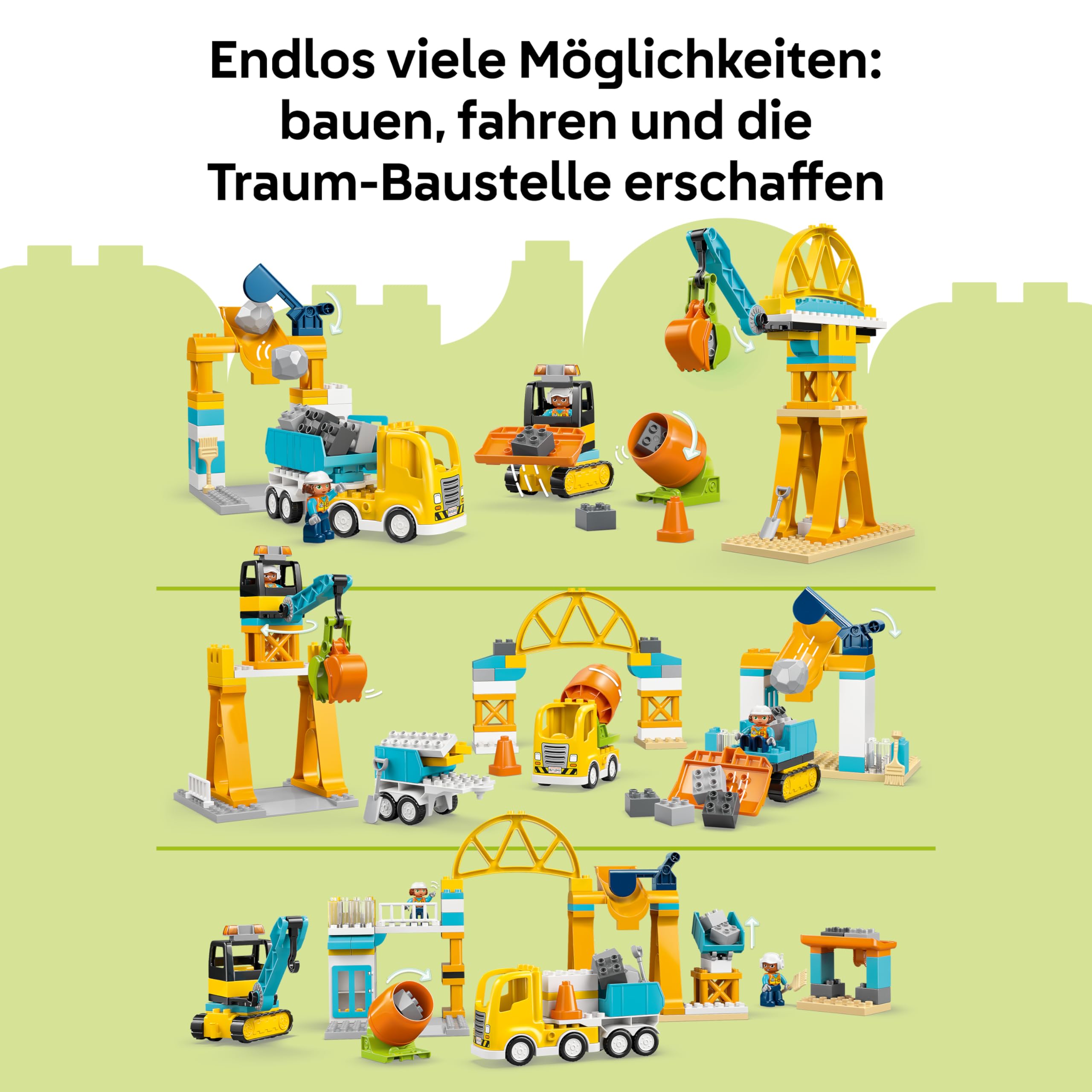 LEGO DUPLO 3-in-1 Baustelle mit Baufahrzeugen - Kleinkinder Lernspielzeug zur Förderung der Feinmotorik - inkl. Lastwagen, Kränen und Baggern - Geschenk für Jungen und Mädchen ab 3 Jahren - 10476
