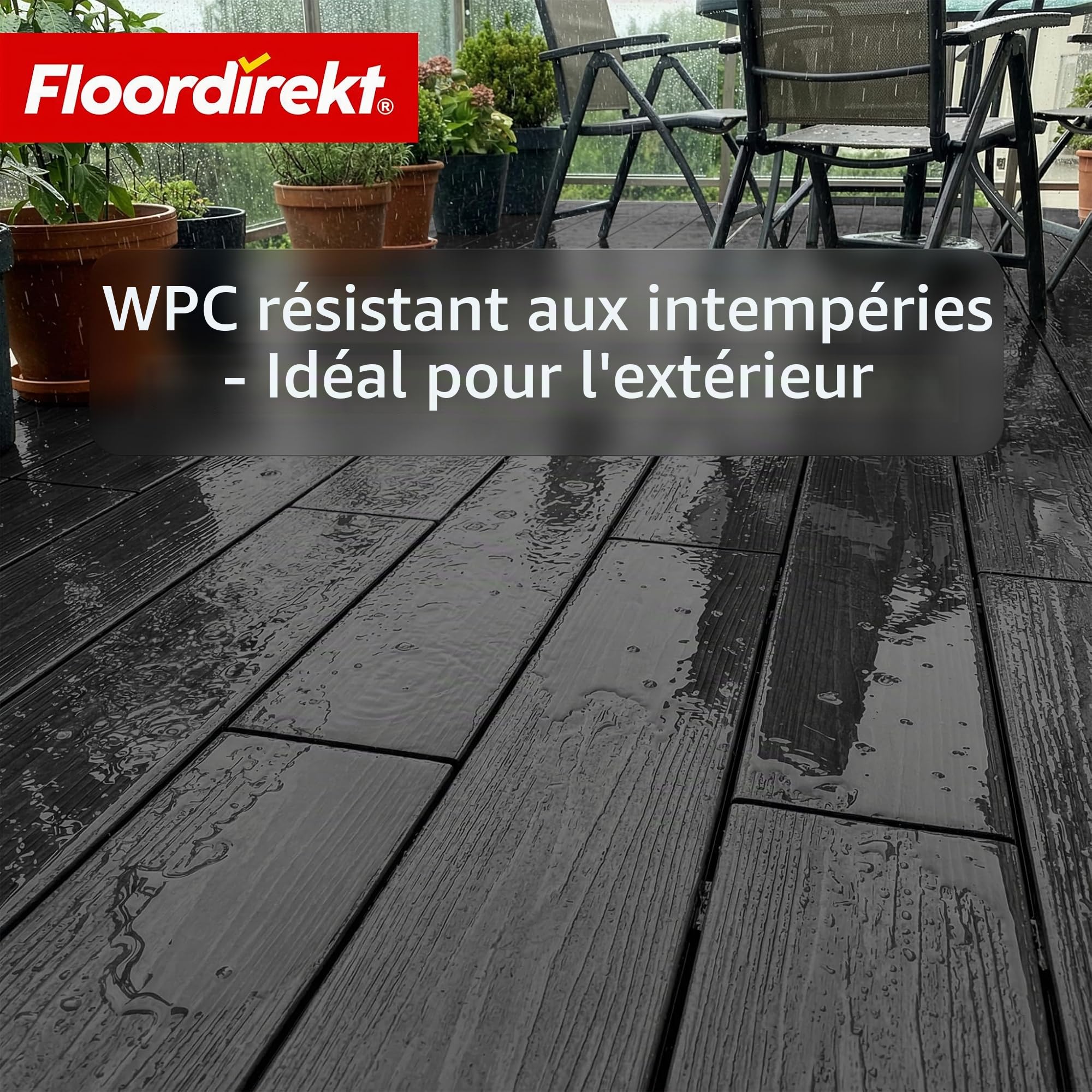 Floordirekt Lames de terrasse WPC 220 x 14,6 cm – Kit complet 2 m² – Planche creuse – Kit complet, avec sous-structure et matériel de montage, résistant aux intempéries et aux UV – Couronne noire