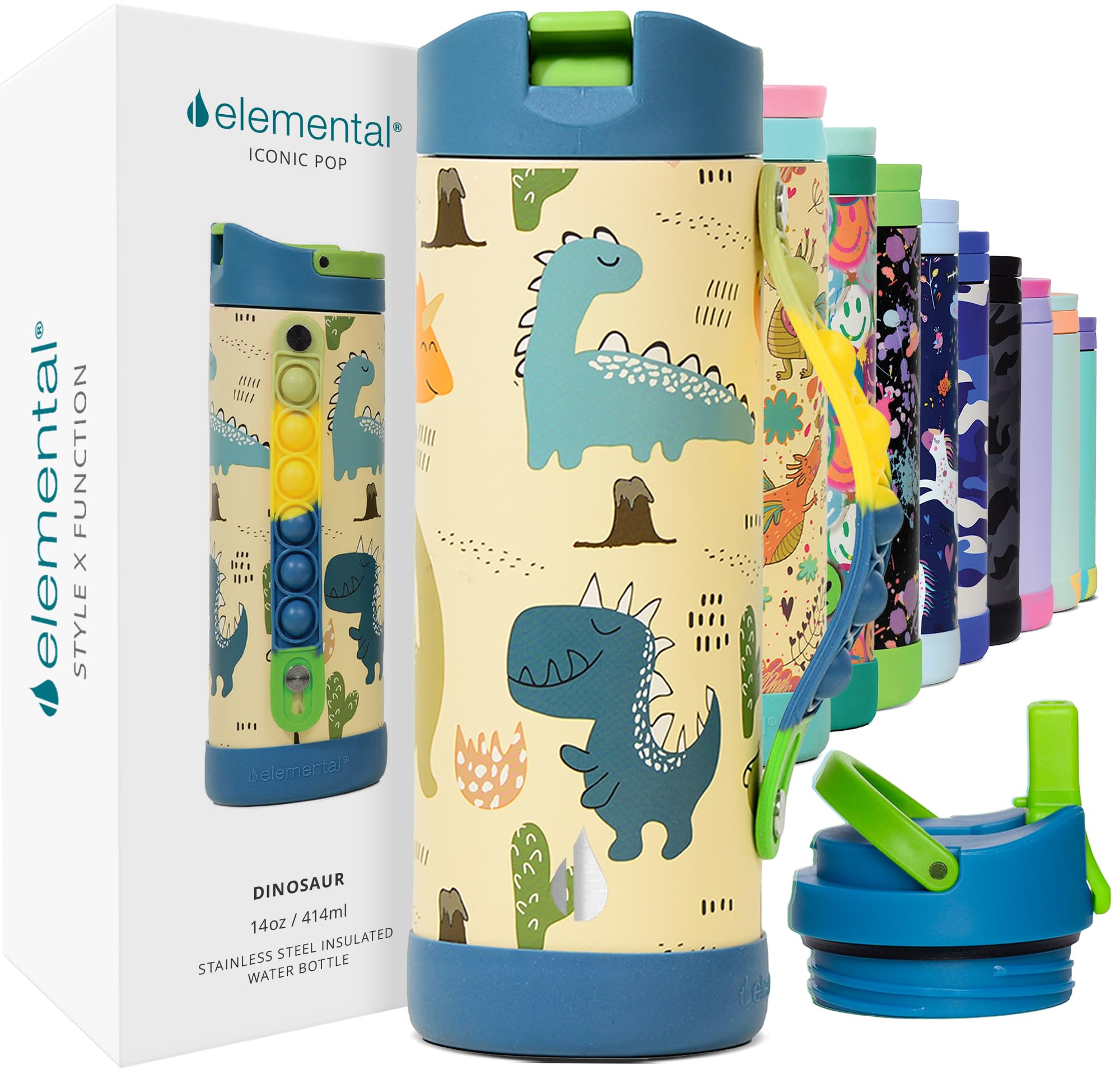 Elemental Iconic Kids Water Bottle for School - 100 Leak-Proof Insulated Water Bottles with Straw Lid Pop-It Handle