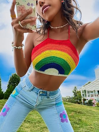 SweatyRocks Women's Backless Colorful Striped Halter Tie Back Tops Sleeveless Knit Crop Top