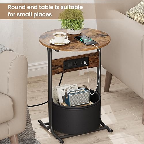 Miniatura 4 de Mesa auxiliar redonda con estación de carga y cesta de almacenamiento, mesa auxiliar pequeña para sofá, mesitas de noche para sala de estar,