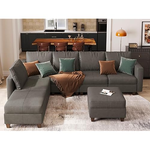 EASE MOOSE Leather Sectional L Shaped Sofa with Storage Ottomans, Modualr Couch Faux Leather Sofa, Grey