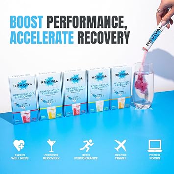 Revival Rapid Rehydration Sachets Electrolytes Powder High Strength Vitamin C, B1, B3, B5, B12 Supplement Sachet Energy Drink, Effervescent Electrolyte Hydration Tablets 30 Pack Cherry Flavours