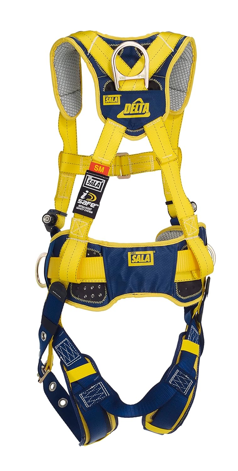 DeltaComfort 1100632 Fall Arrest Kit with Back/Front/Side D-Rings, Belt with Pad, Tongue Buckle Leg Straps and Comfort Padding, Small, Navy/Yellow - - 