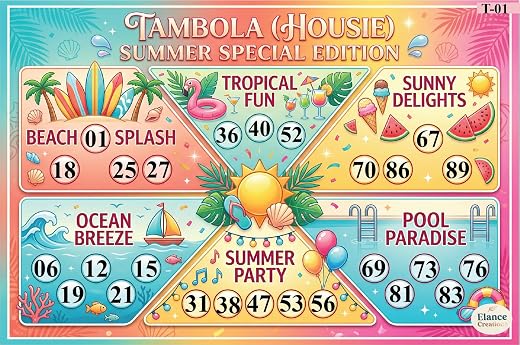 Elance Creations Summer Theme Tambola Housie Tickets | Kitty Party Bingo Game Cards (Set of 15 Printed Tickets)